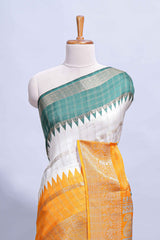 White Dola Silk Saree with orange and green zari borders elegant woven checks and a rich designer pallu along with contrast blouse