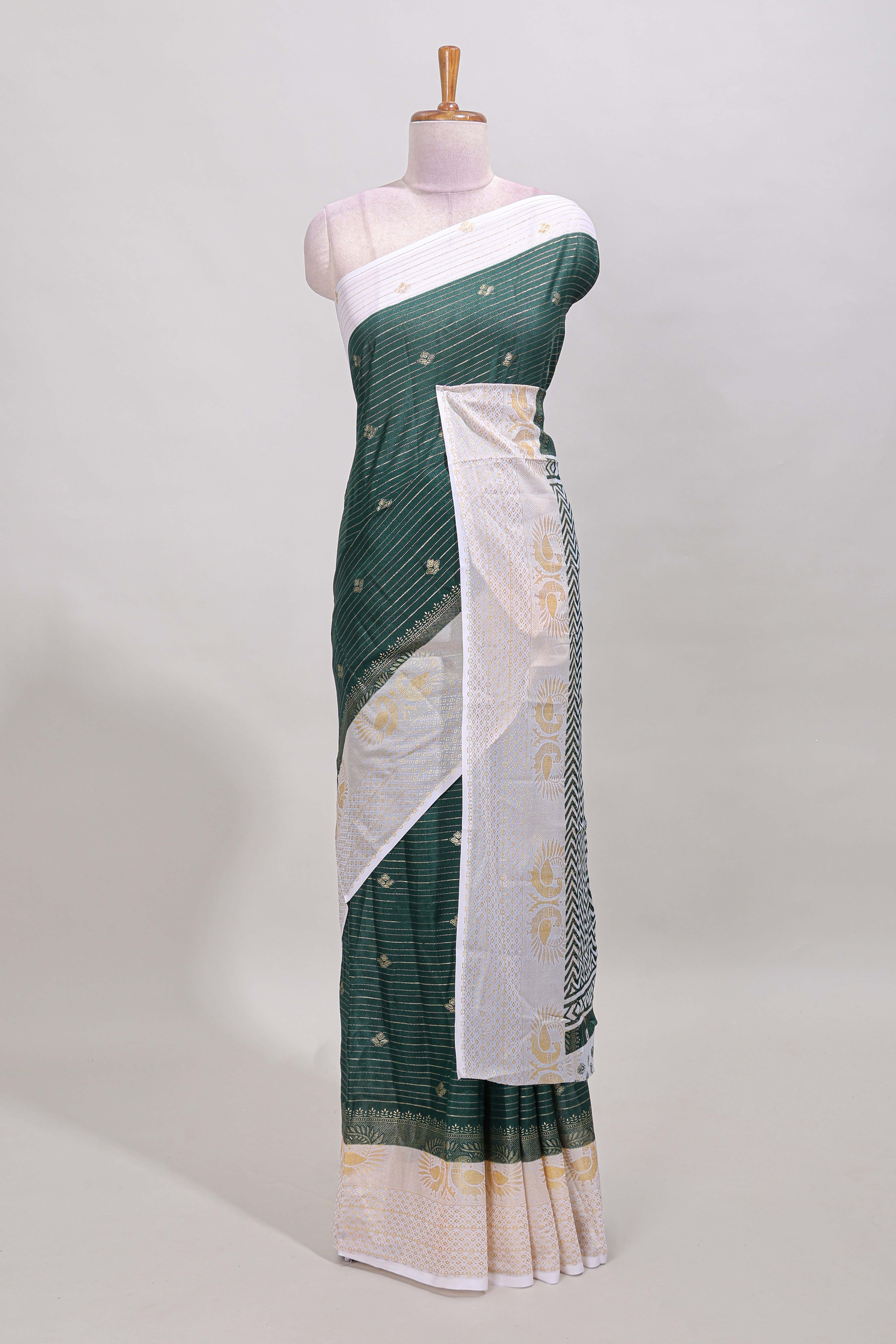 Green striped zari butta dola silk saree with contrast zari border and matching blouse