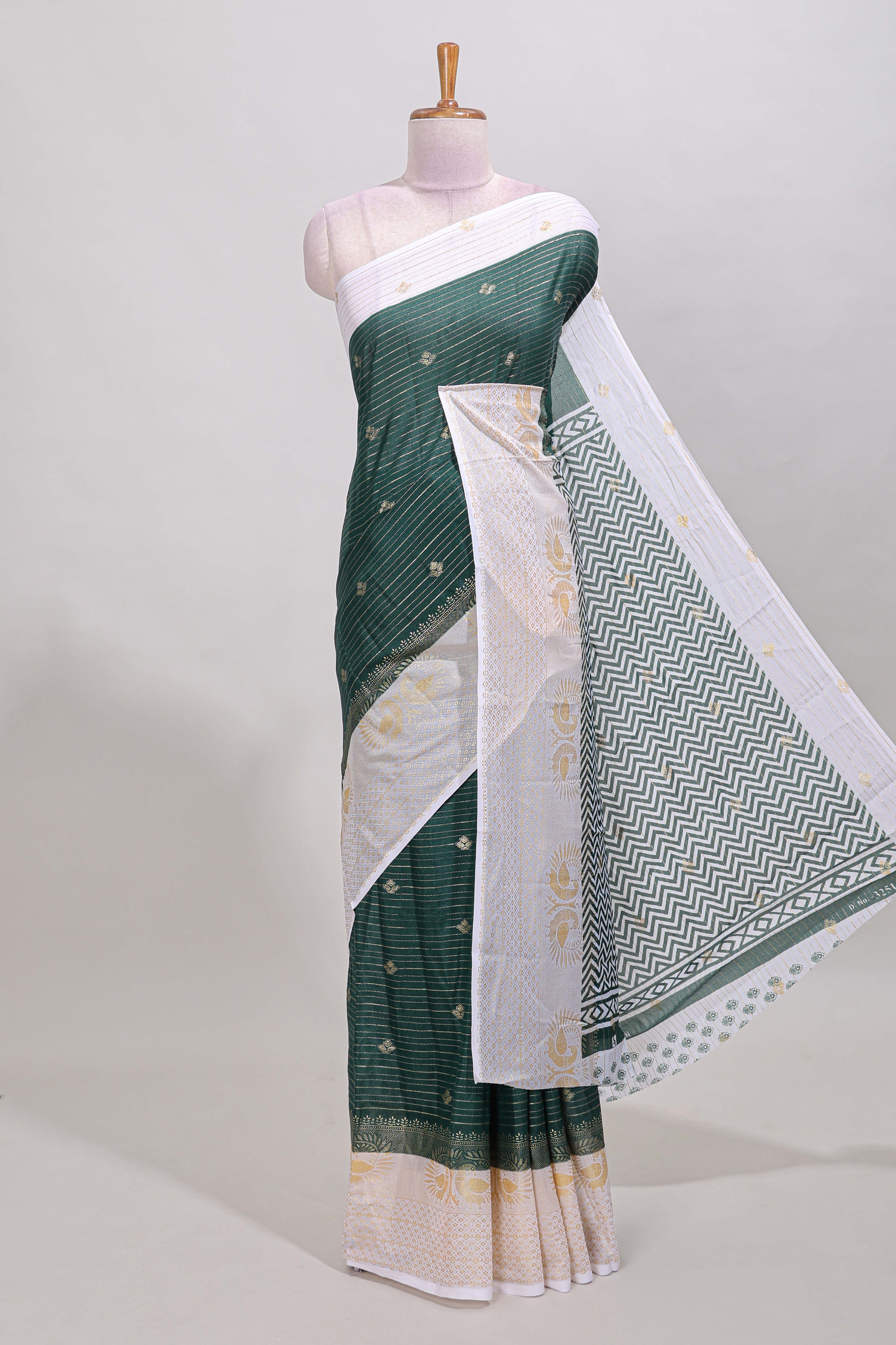 Green striped zari butta dola silk saree with contrast zari border and matching blouse
