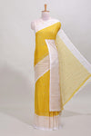 Yellow striped zari butta dola silk saree with contrast zari border and matching blouse