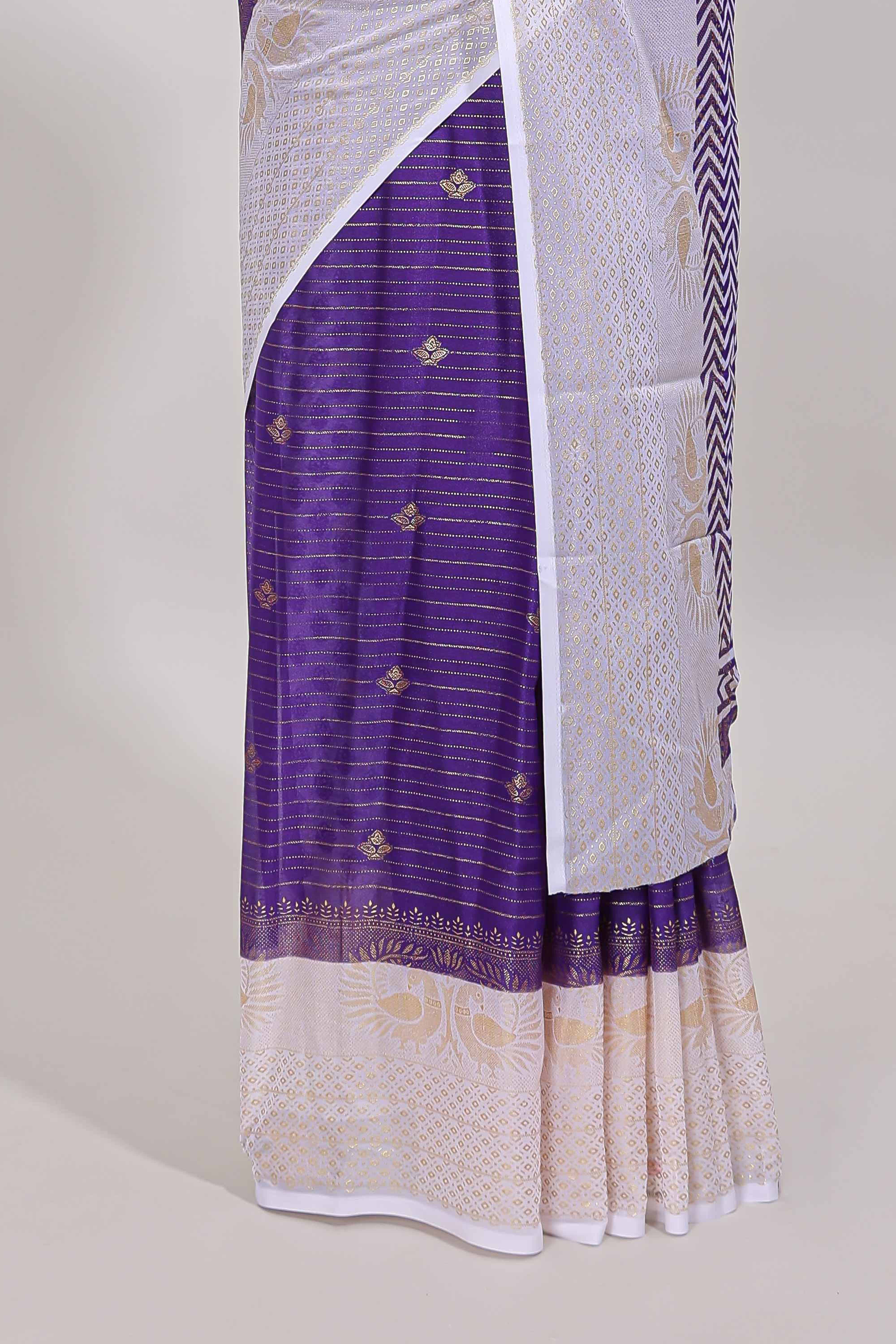 Violet zari striped dola silk saree with contrast zari border and blouse