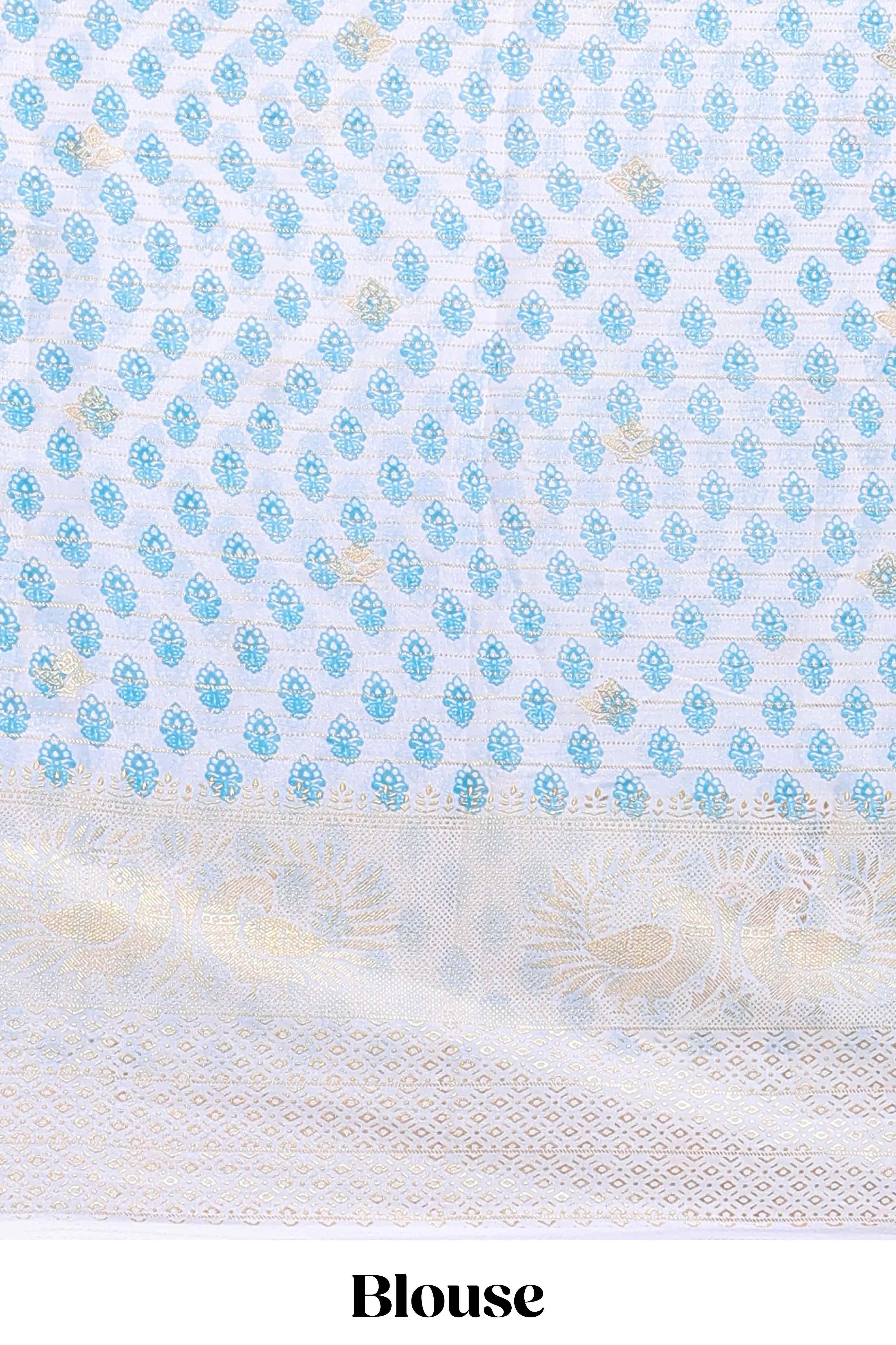 Ice blue zari striped dola silk saree with contrast zari border and blouse