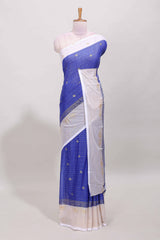 Royal blue zari striped dola silk saree with contrast zari border and blouse