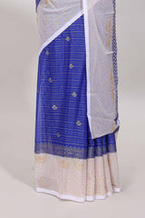 Royal blue zari striped dola silk saree with contrast zari border and blouse