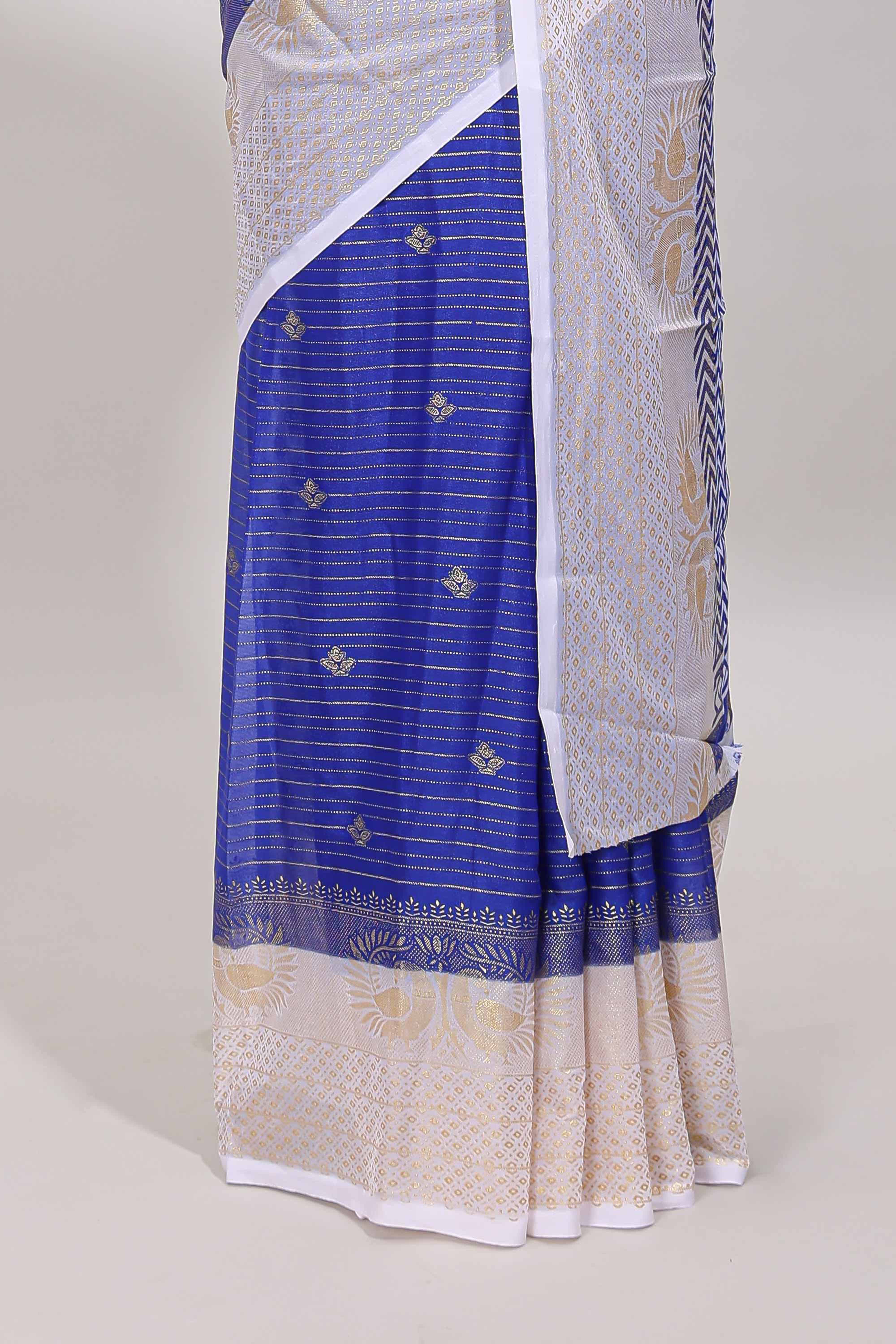 Royal blue zari striped dola silk saree with contrast zari border and blouse