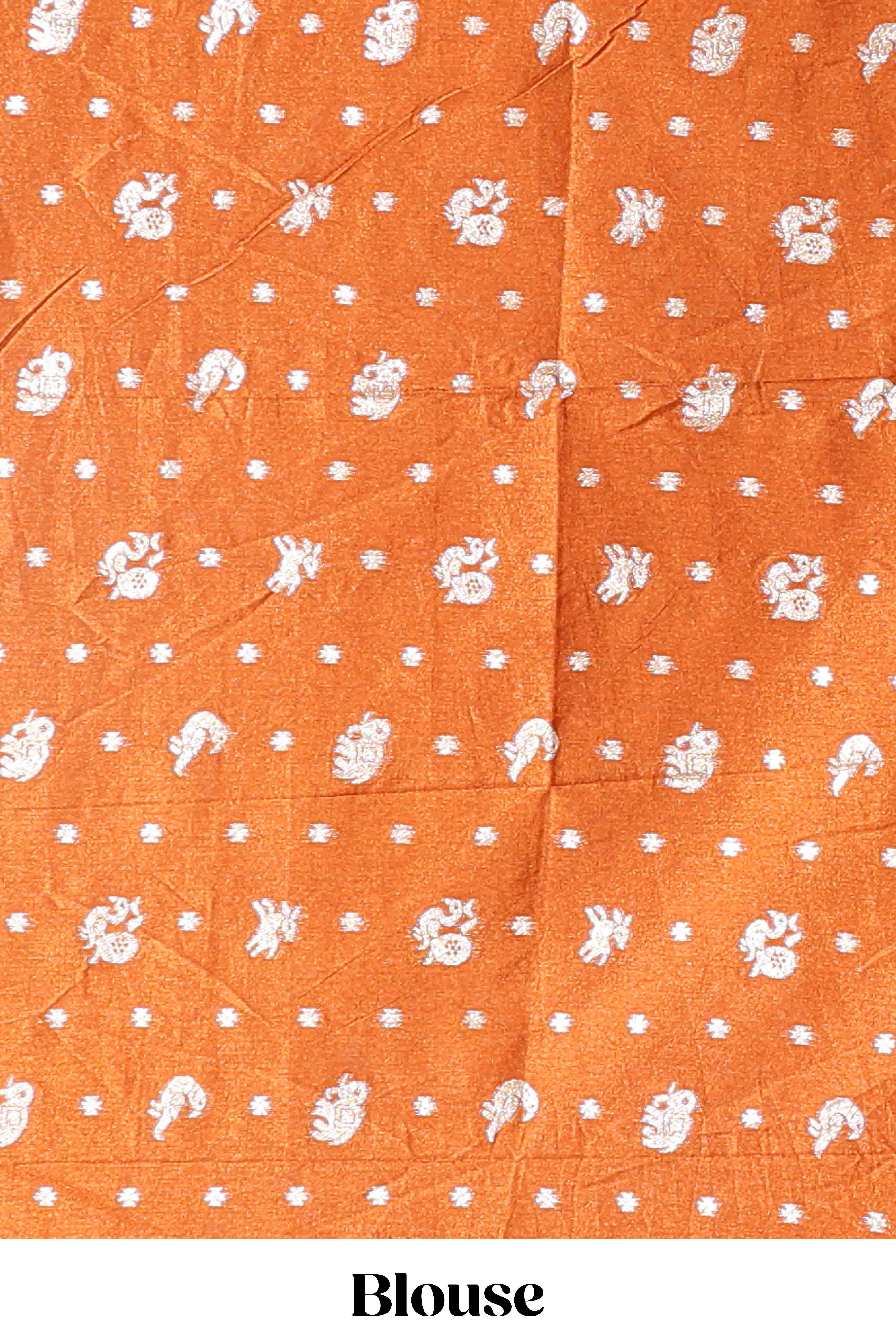Orange stripes zari butta dola silk saree with self zari border and printed pallu