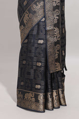 Deep navy blue zari butta dola silk saree with self zari border and printed pallu