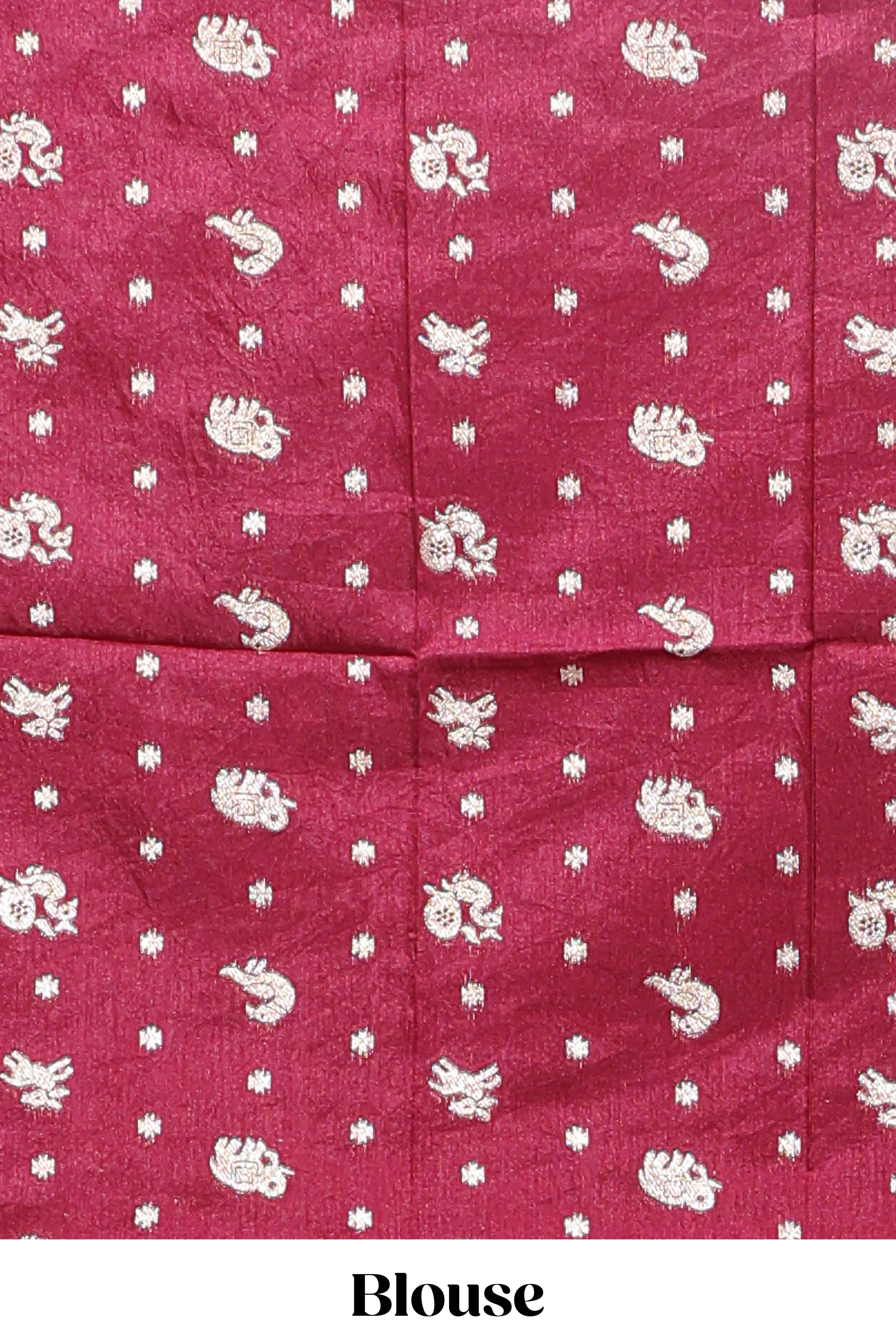 Maroon zari butta dola silk saree with self zari border and printed pallu
