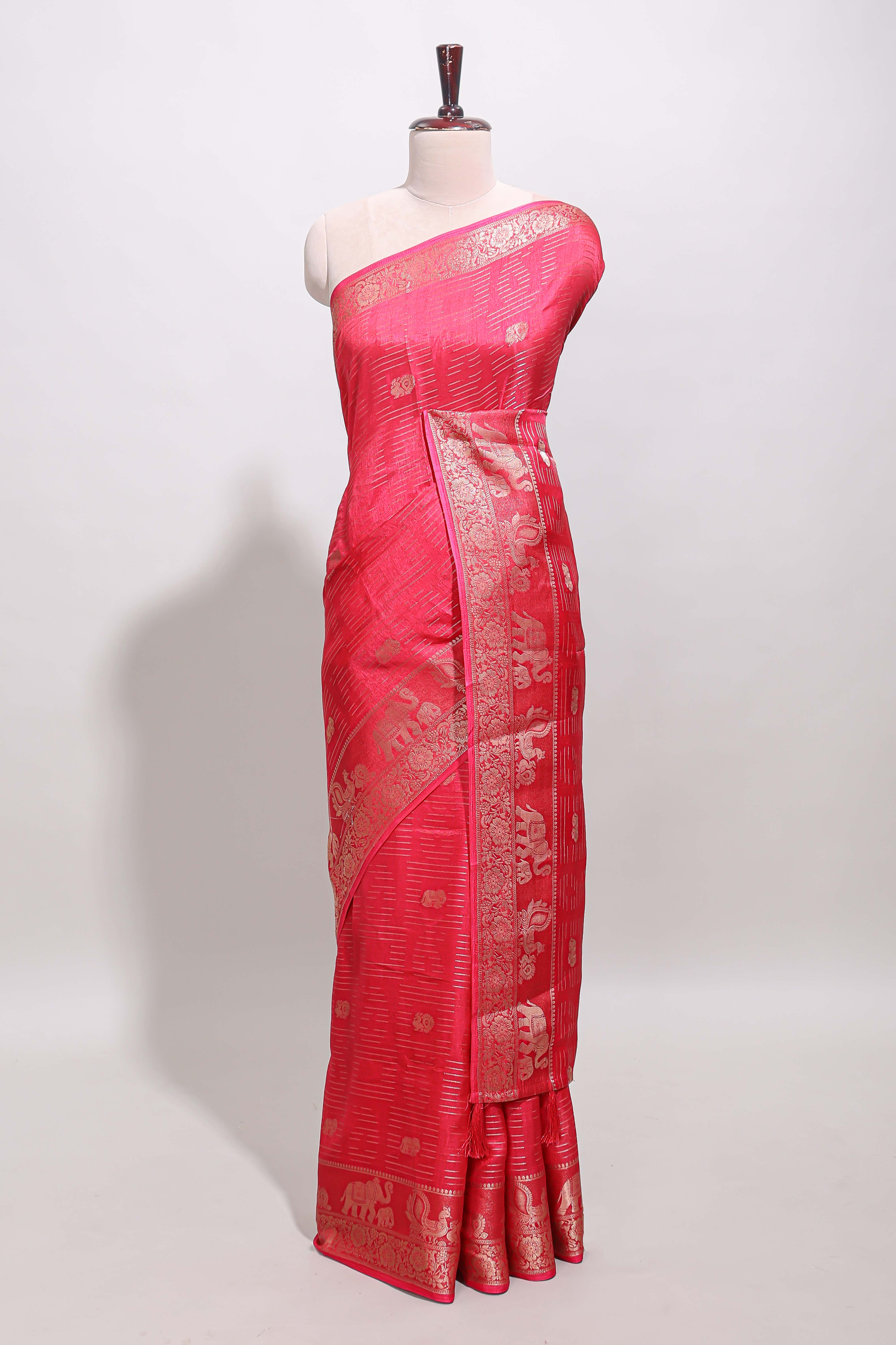Pink zari butta dola silk saree with self zari border and printed pallu