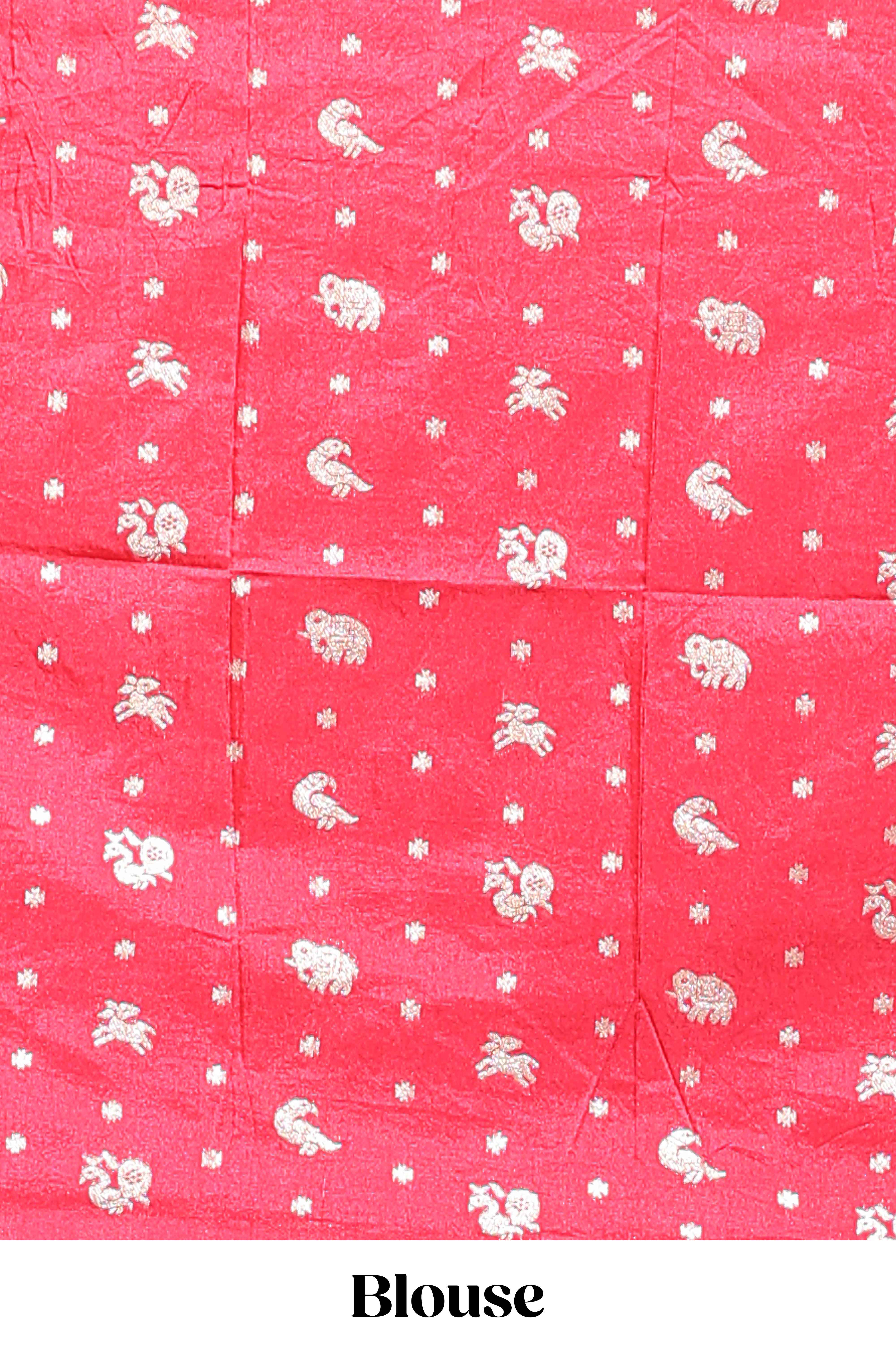 Pink zari butta dola silk saree with self zari border and printed pallu