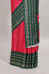 Pink zari striped saree in dola silk with contrast woven border and blouse