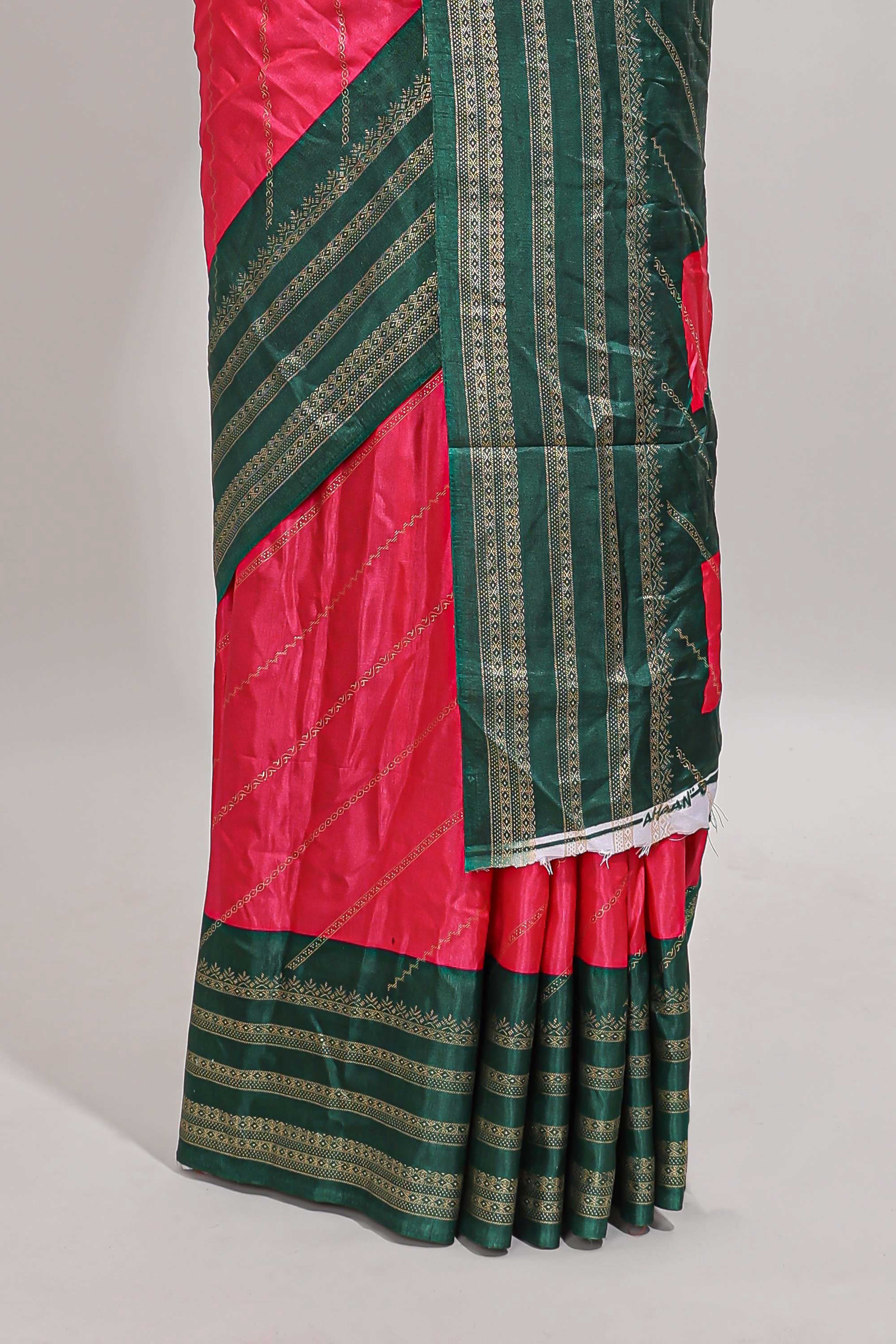 Pink zari striped saree in dola silk with contrast woven border and blouse