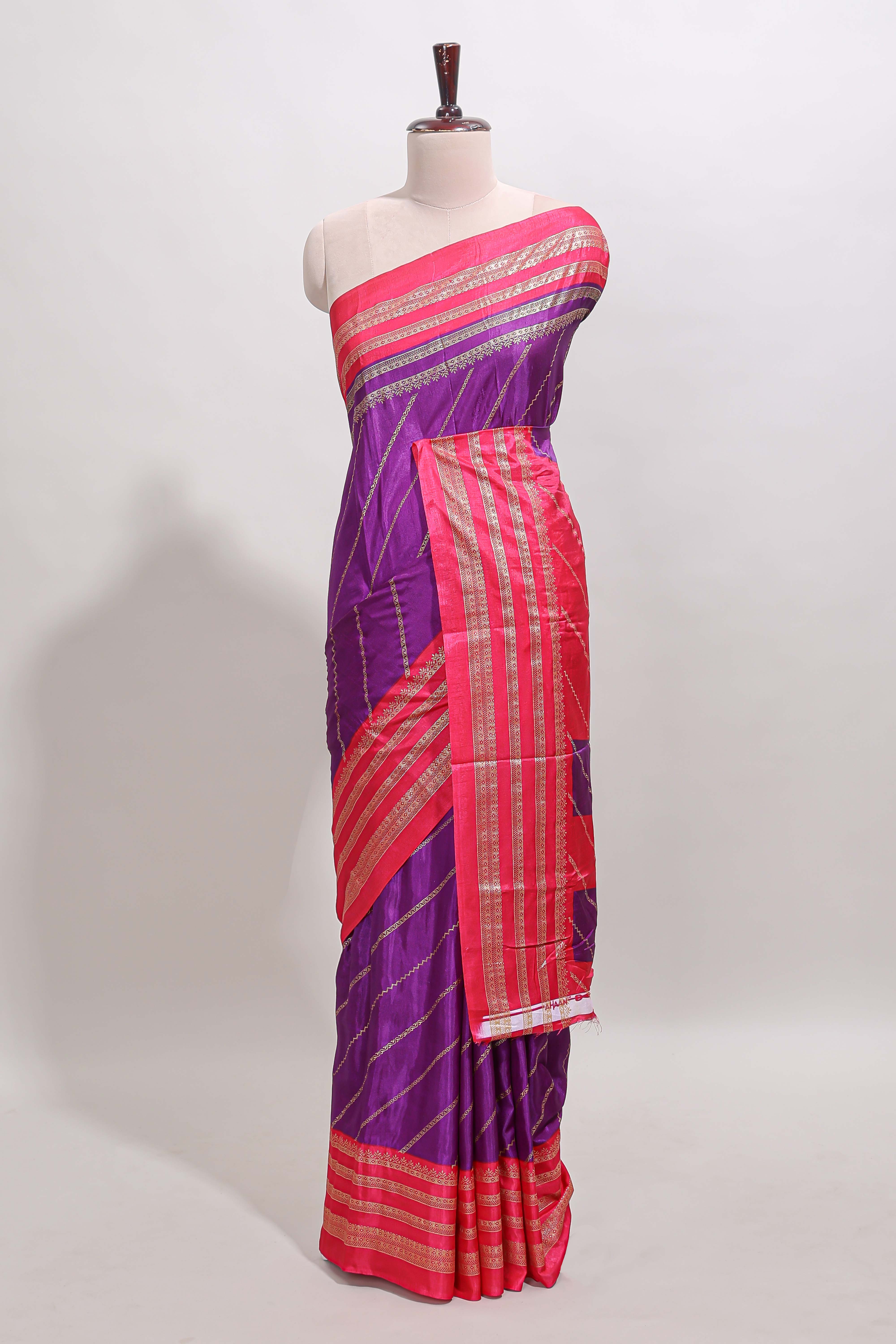 Purple zari striped saree in dola silk with contrast woven border and blouse