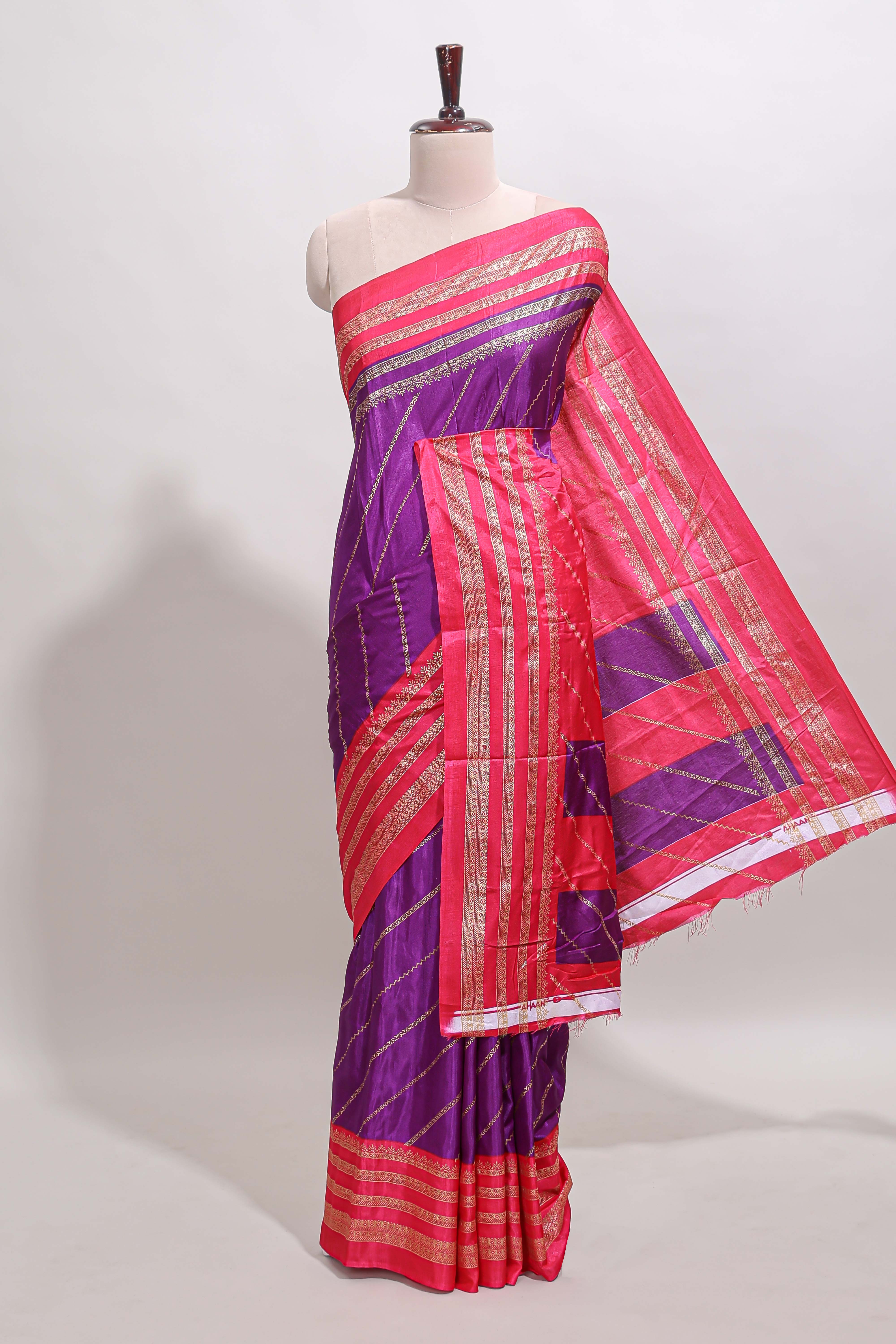 Purple zari striped saree in dola silk with contrast woven border and blouse