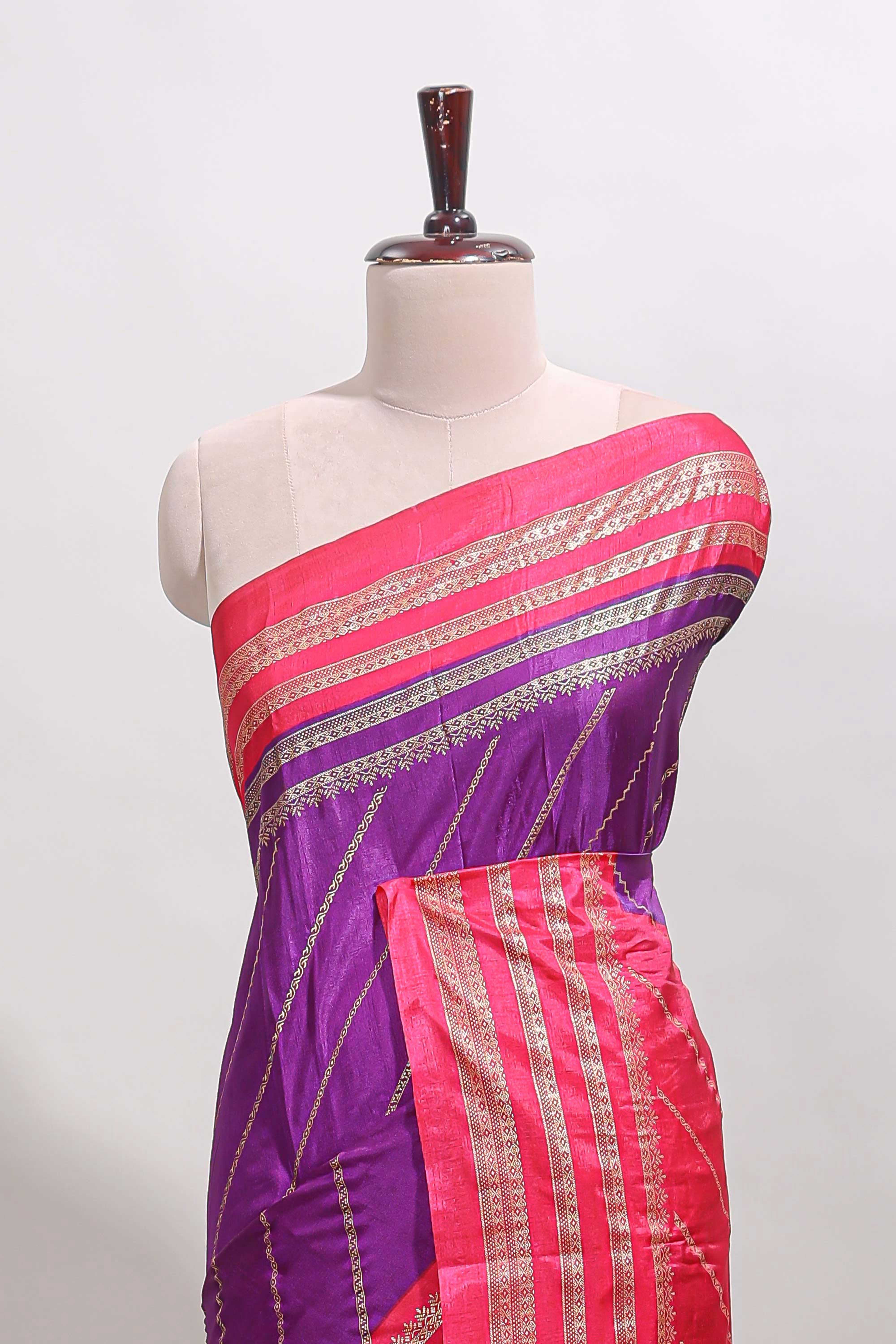 Purple zari striped saree in dola silk with contrast woven border and blouse