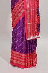 Purple zari striped saree in dola silk with contrast woven border and blouse