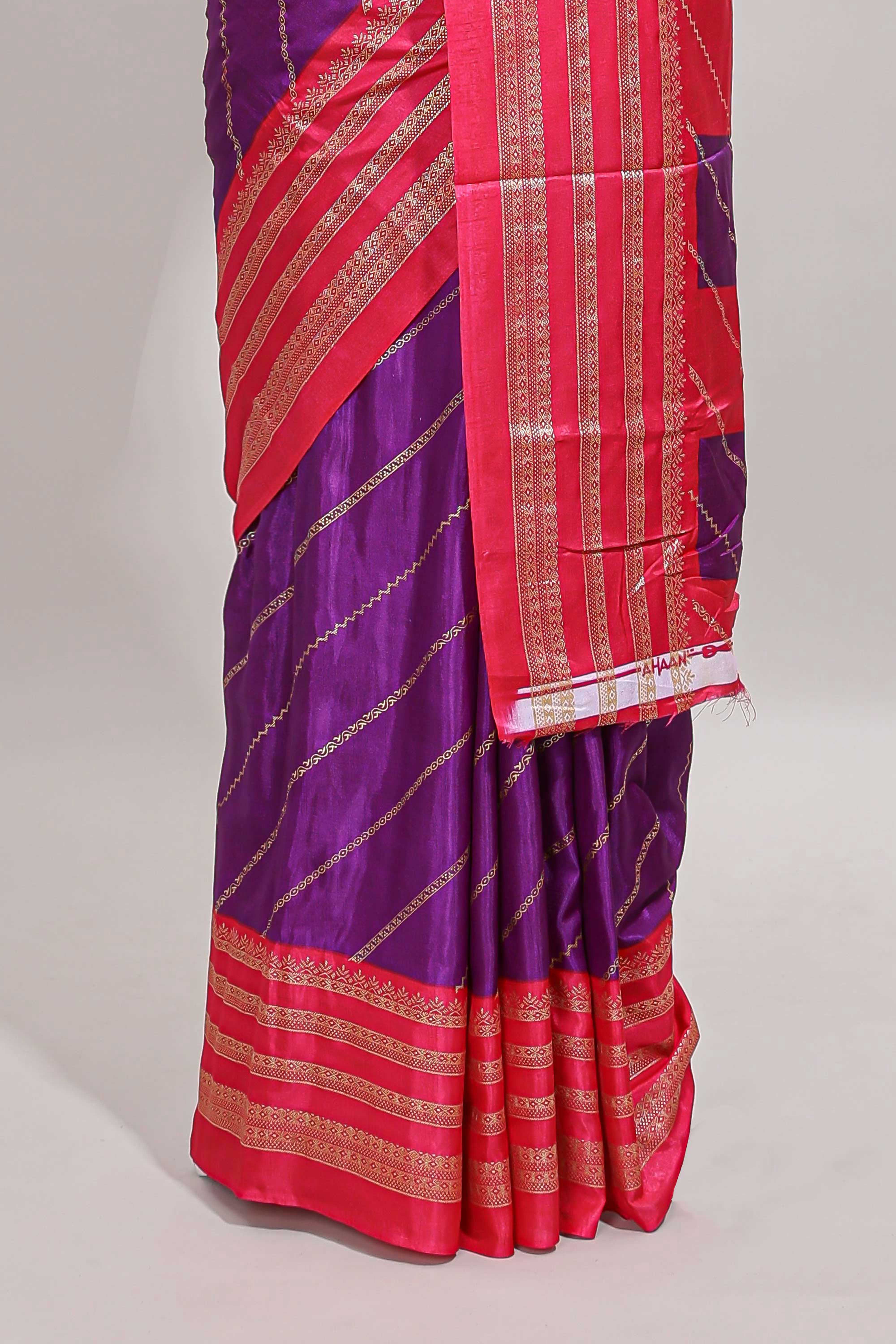 Purple zari striped saree in dola silk with contrast woven border and blouse