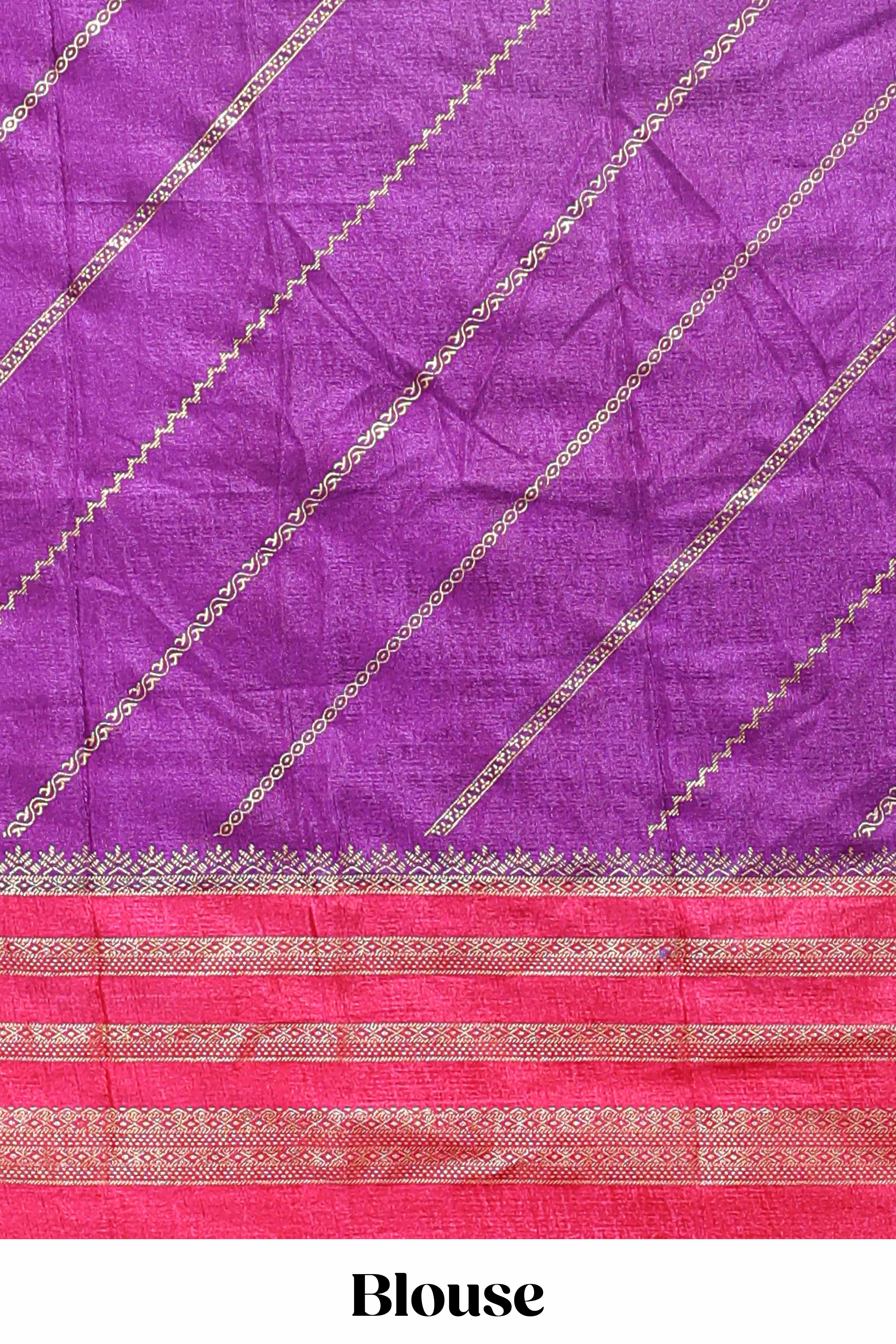 Purple zari striped saree in dola silk with contrast woven border and blouse