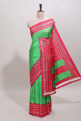 Neon green zari striped saree in dola silk with contrast woven border and blouse