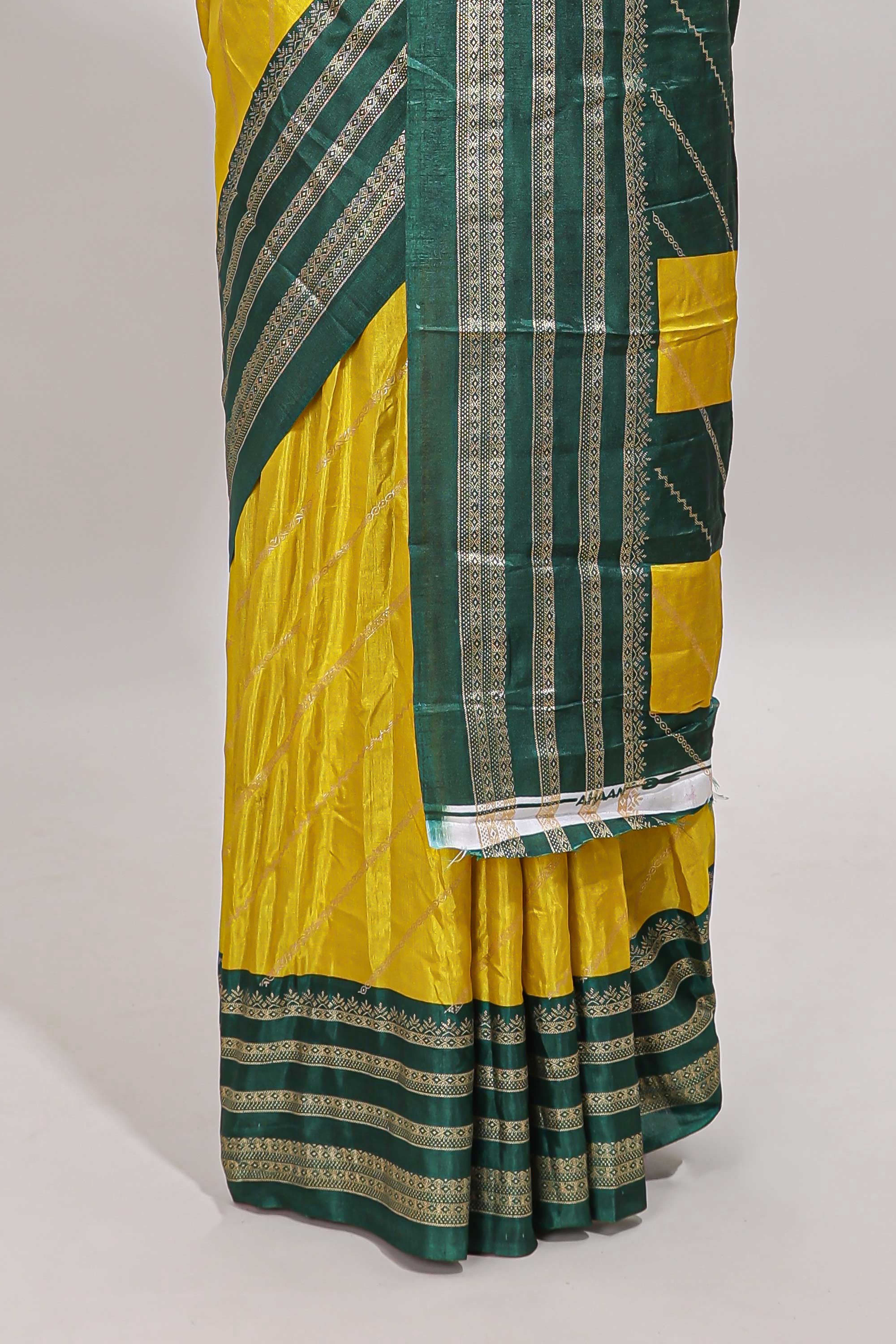 Yellow zari striped saree in dola silk with contrast woven border and blouse