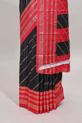 Black zari striped saree in dola silk with contrast woven border and blouse