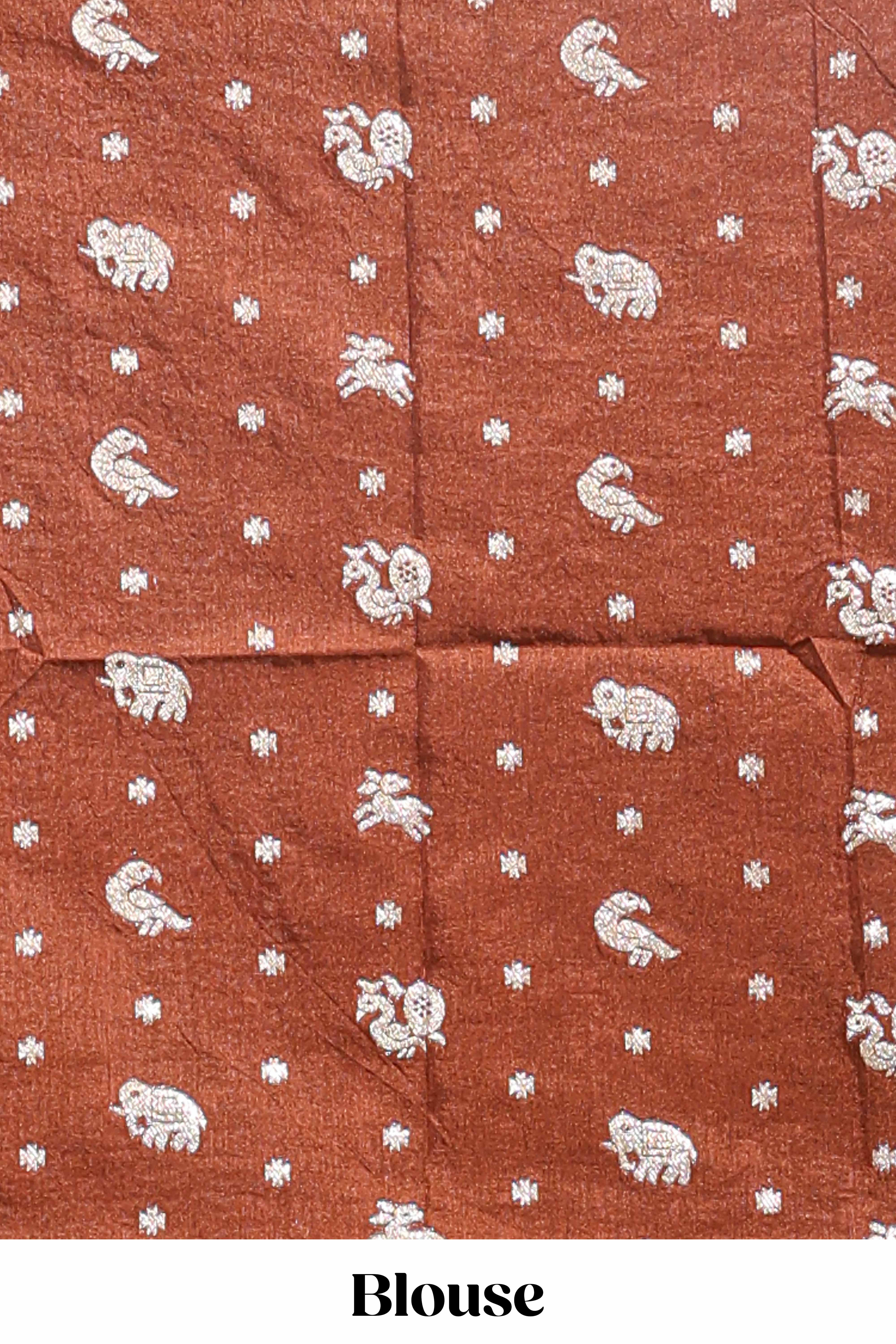 Brown zari butta dola silk saree with self zari border and printed pallu