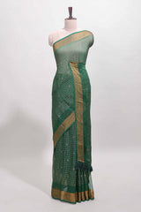 Green checked zari butta dola silk saree with self zari border and matching blouse