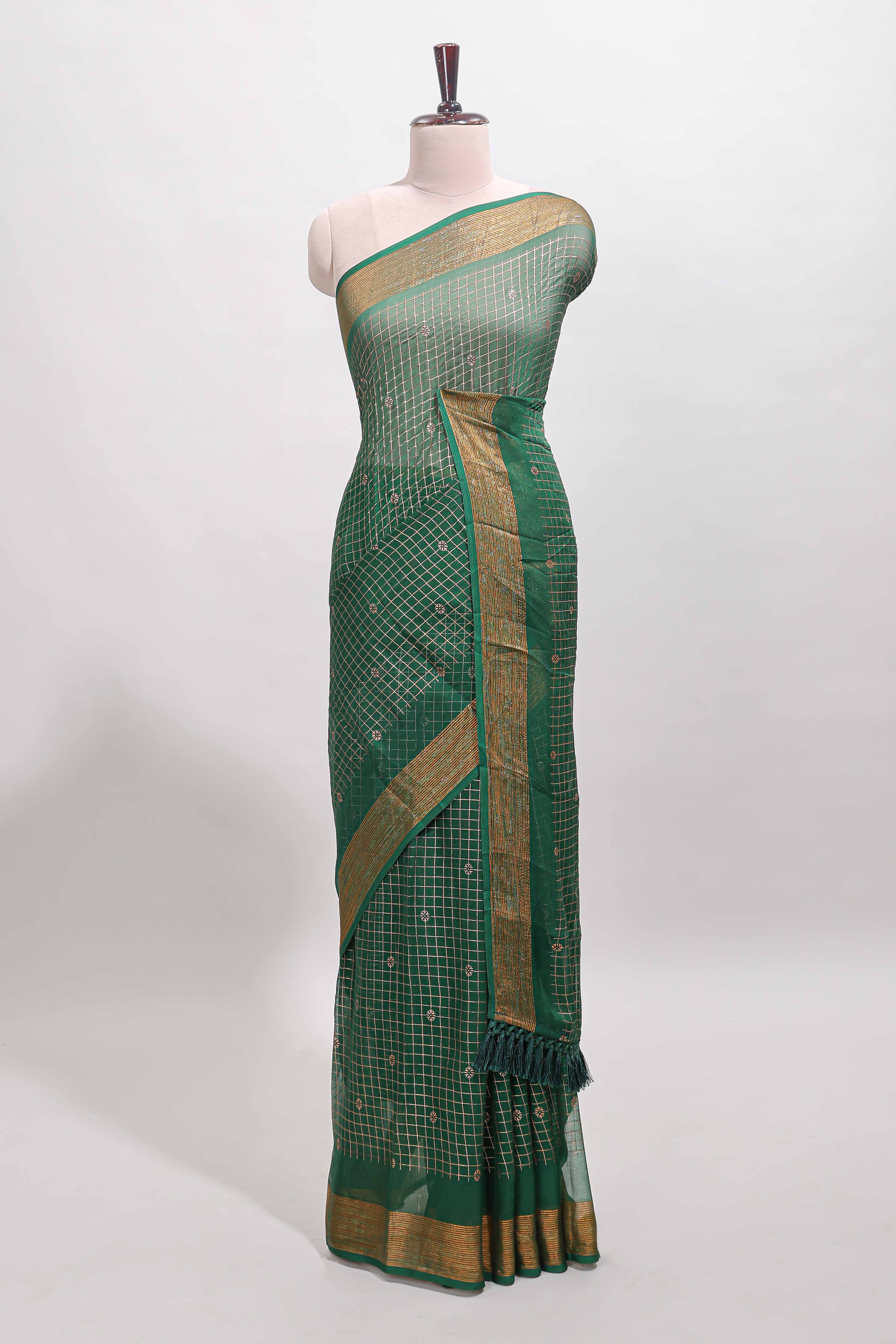 Green checked zari butta dola silk saree with self zari border and matching blouse