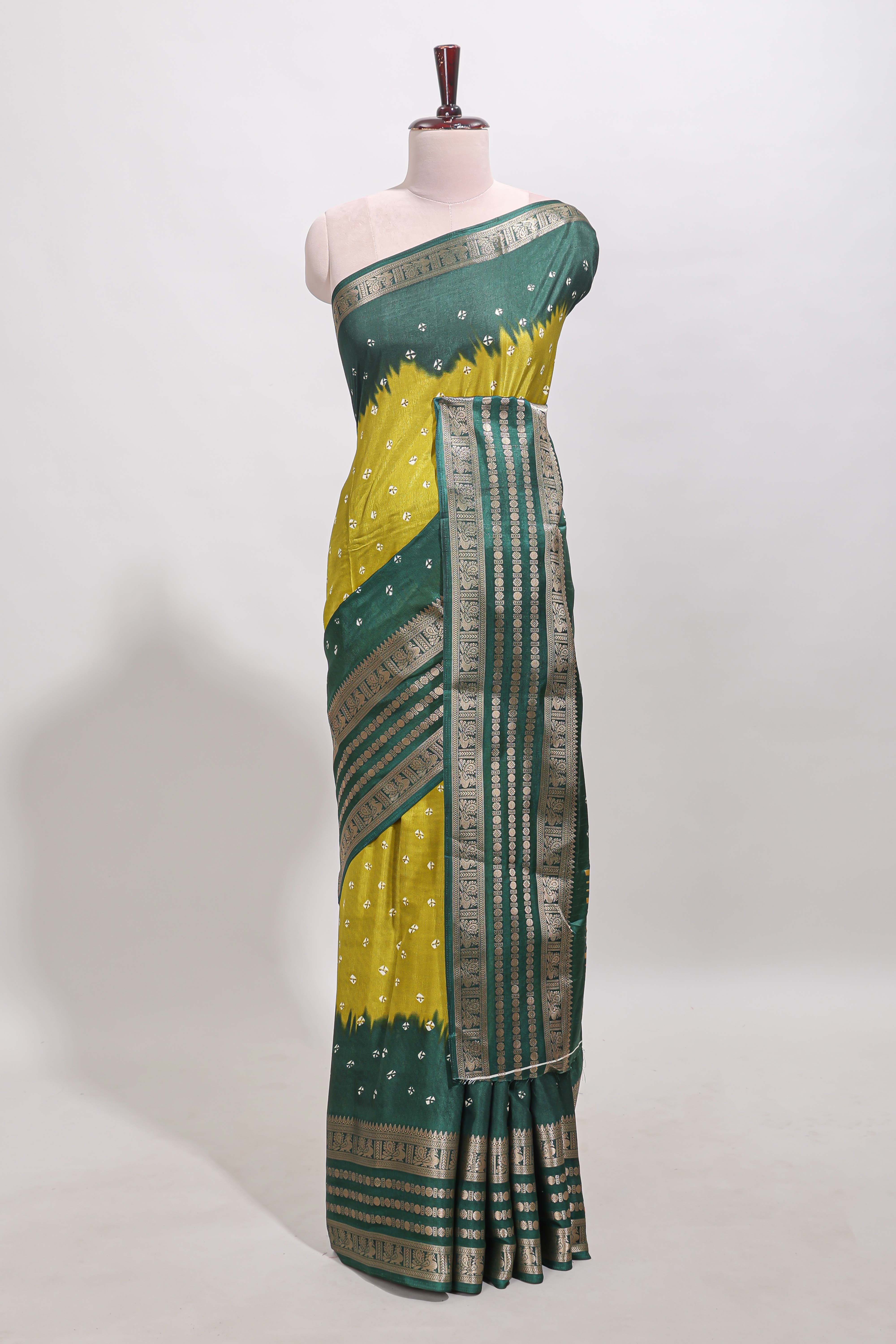 Lemon yellow unique buttas dola silk saree with contrast zari border and blouse