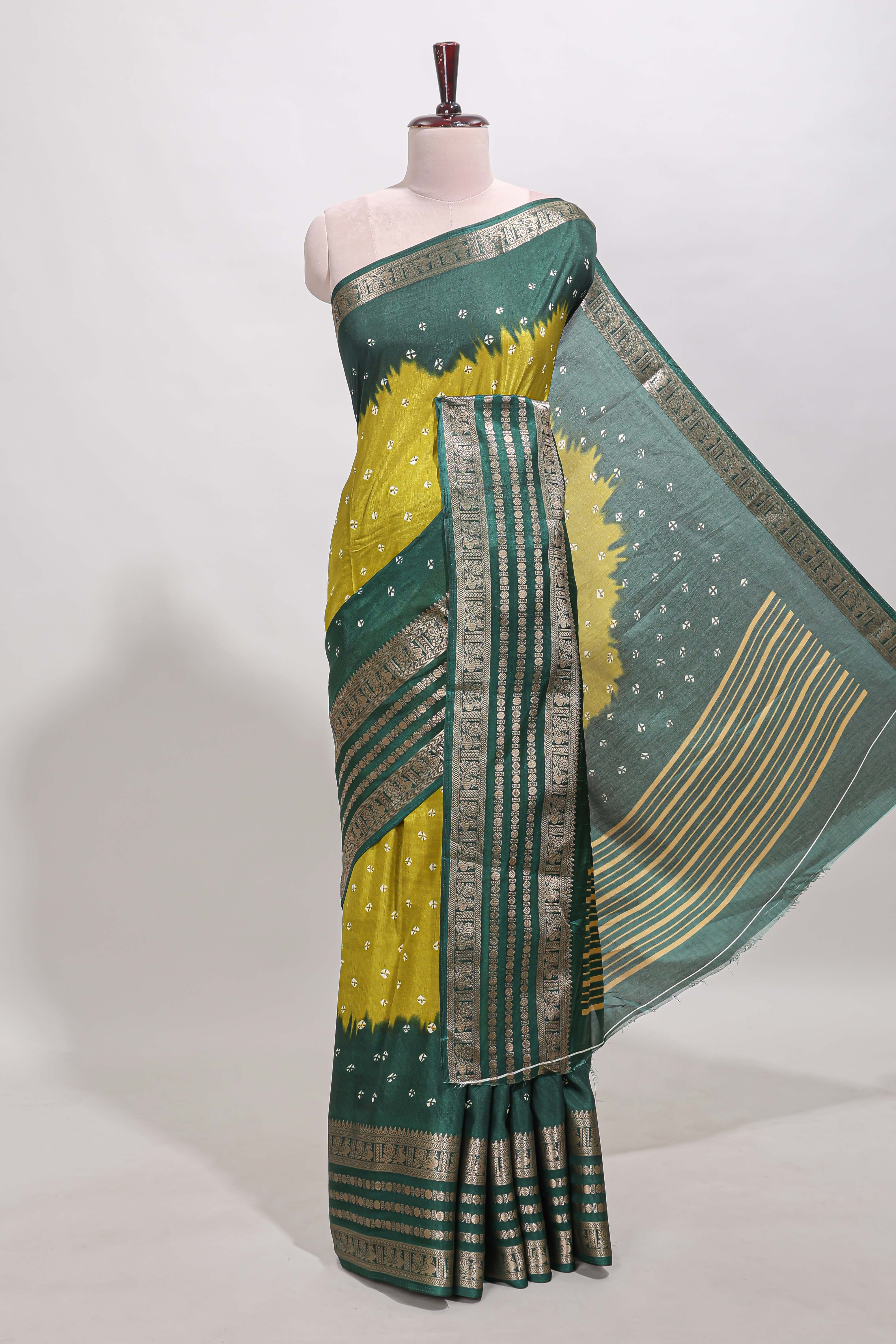 Lemon yellow unique buttas dola silk saree with contrast zari border and blouse