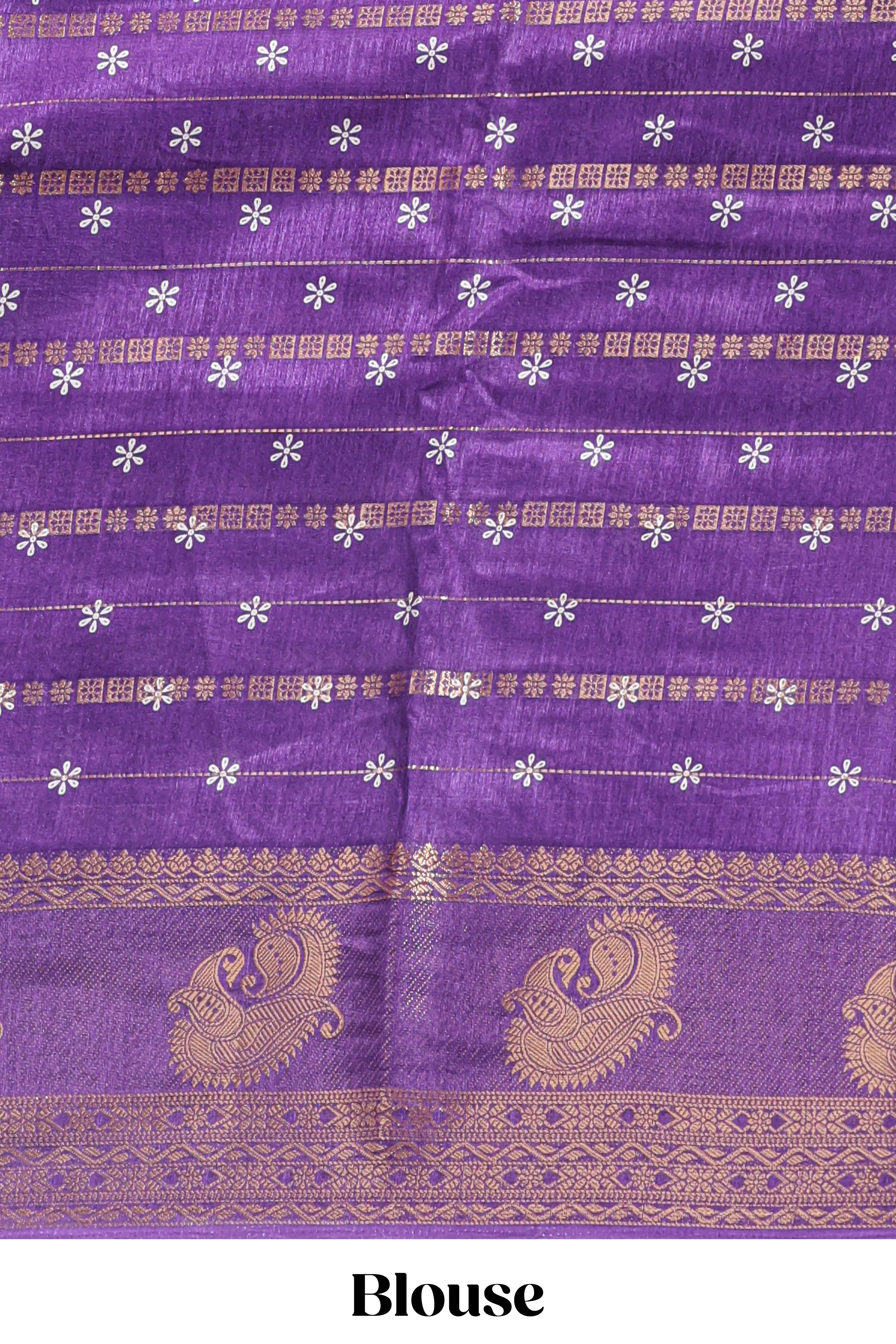 Violet zari striped floral vine design dola silk saree with self border and matching blouse