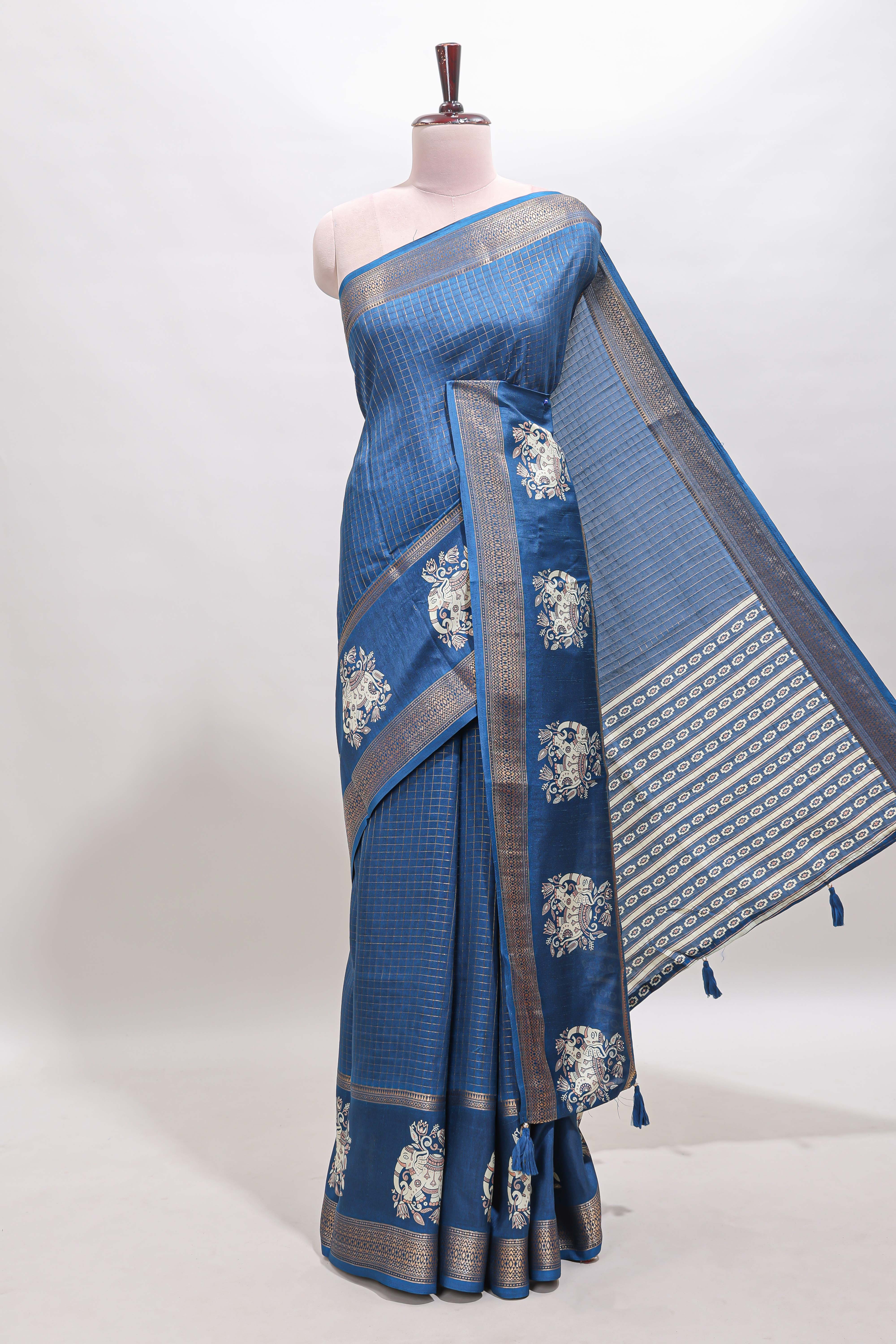 Blue checked elephant motifs dola silk saree with self zari border and striped pallu