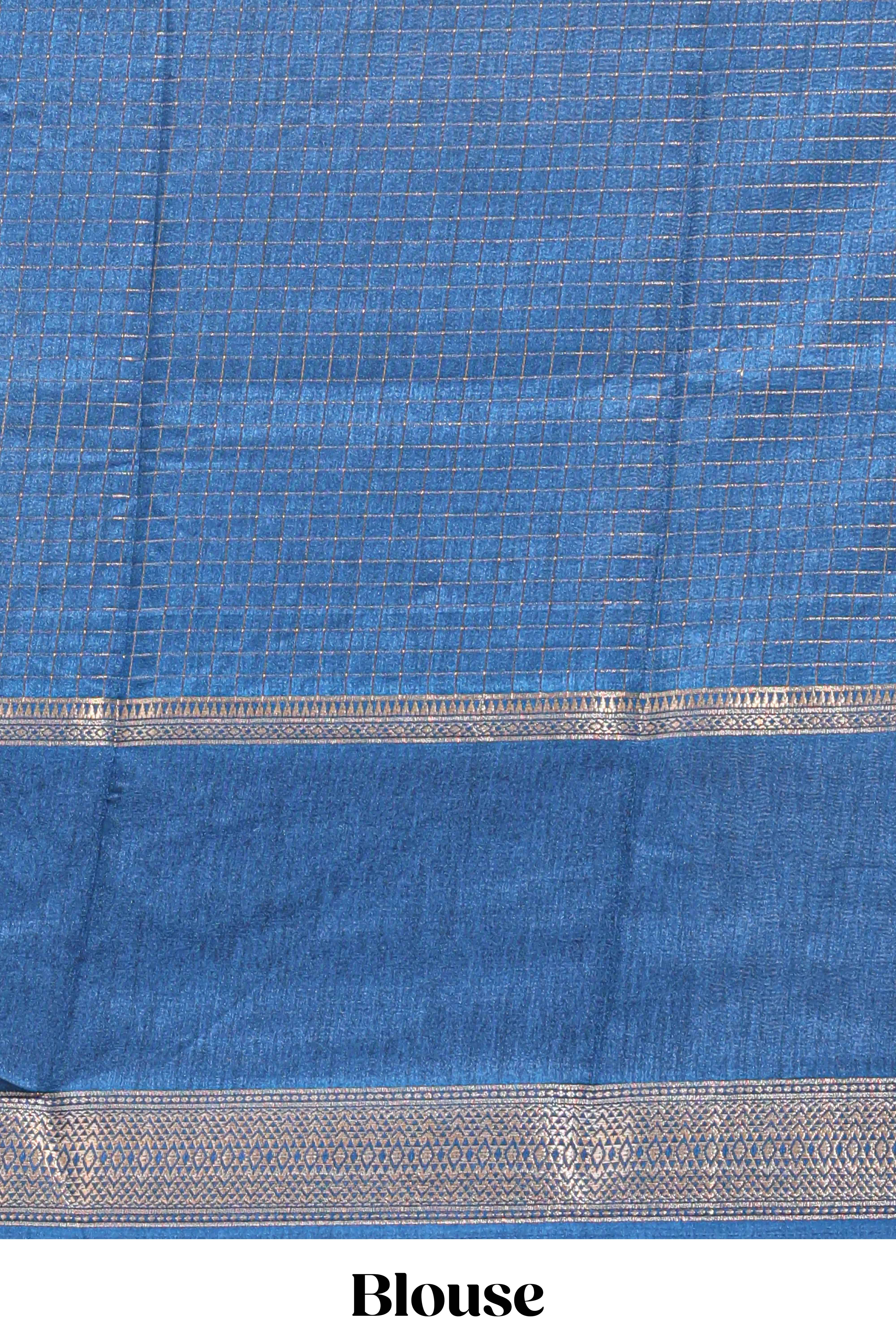 Blue checked elephant motifs dola silk saree with self zari border and striped pallu