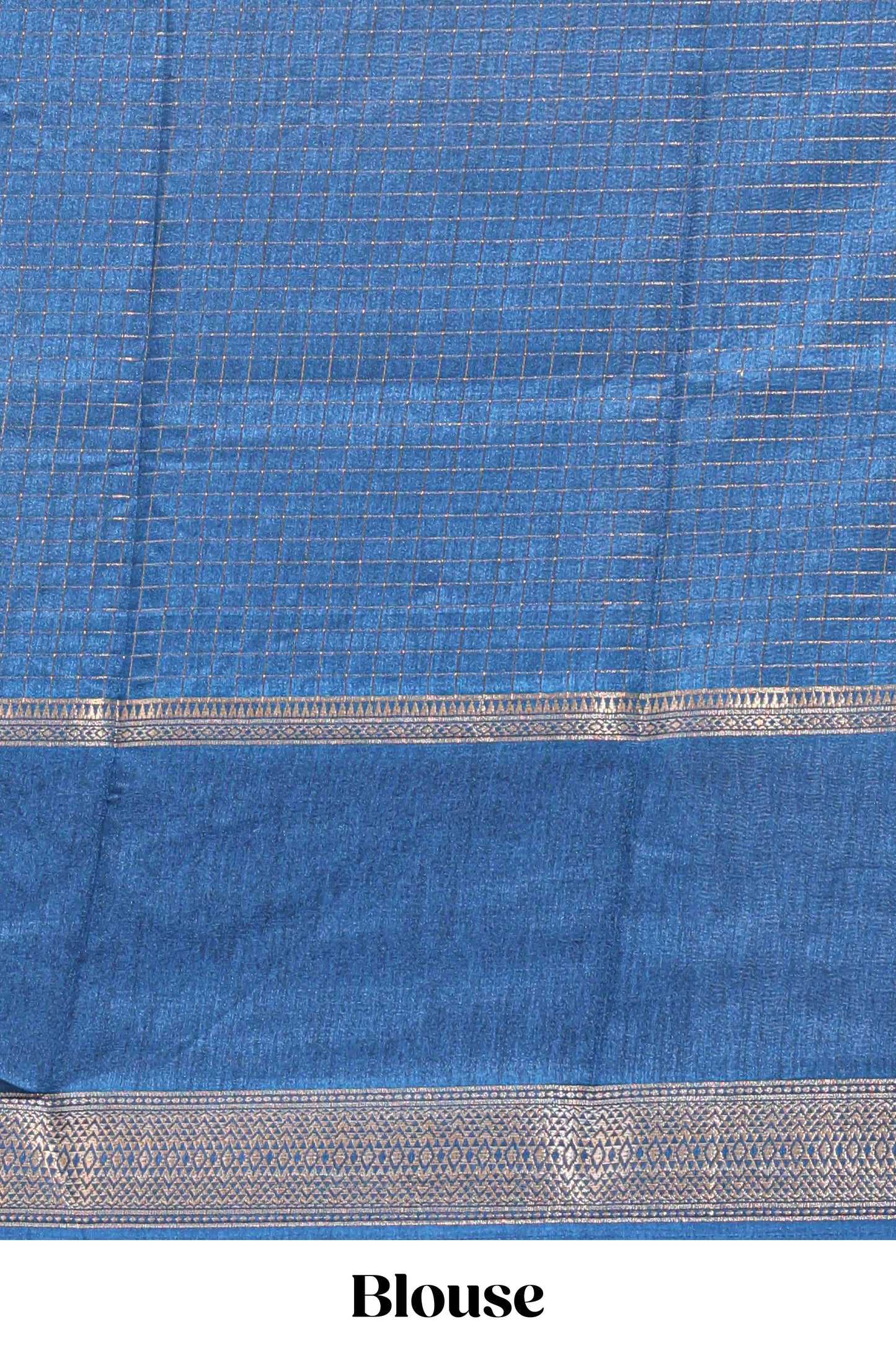 Blue checked elephant motifs dola silk saree with self zari border and striped pallu