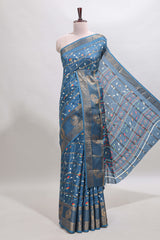 Midnight blue zari striped floral vine design dola silk saree with self border and matching blouse