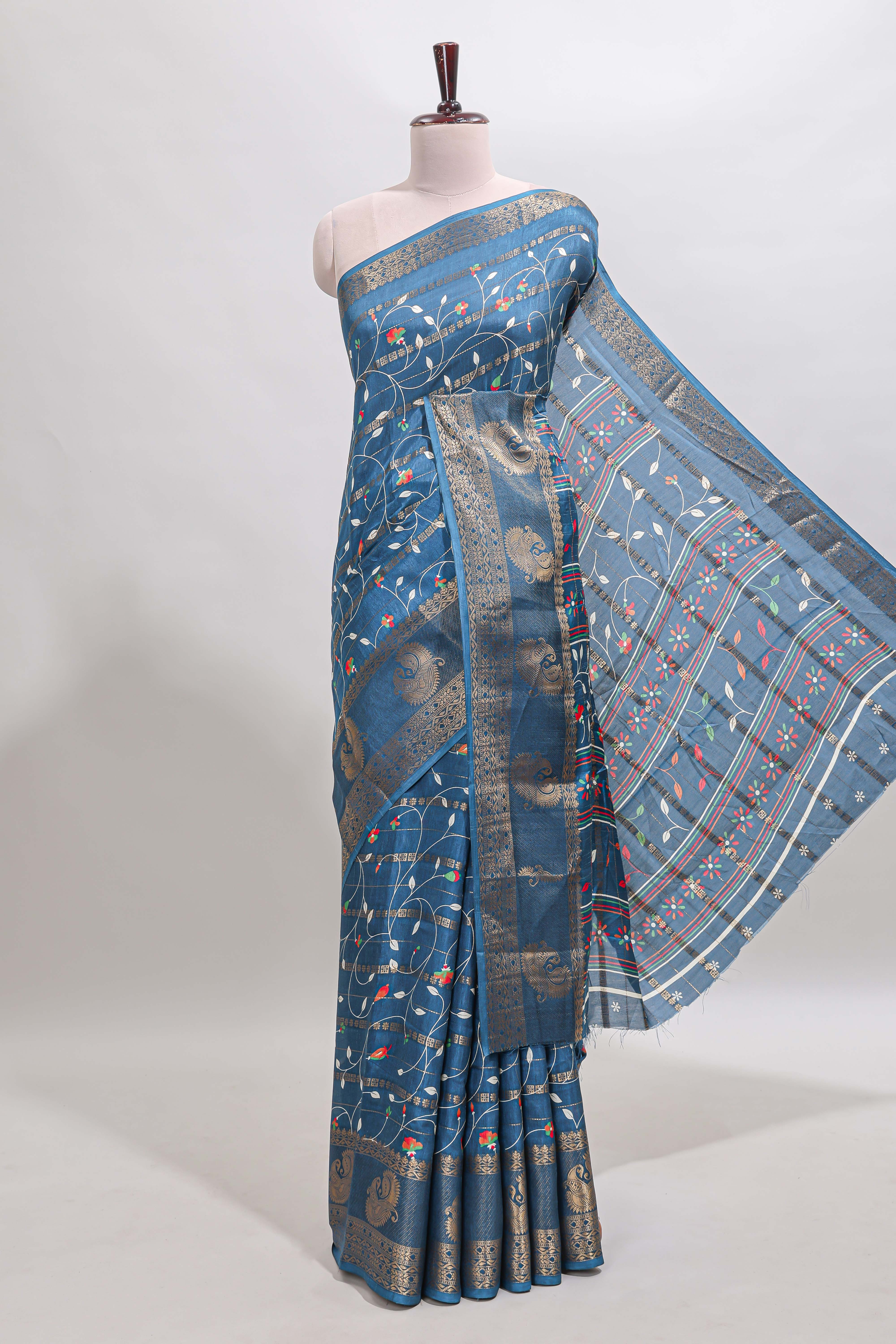 Midnight blue zari striped floral vine design dola silk saree with self border and matching blouse