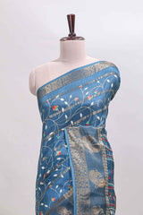 Midnight blue zari striped floral vine design dola silk saree with self border and matching blouse