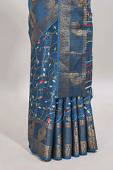 Midnight blue zari striped floral vine design dola silk saree with self border and matching blouse