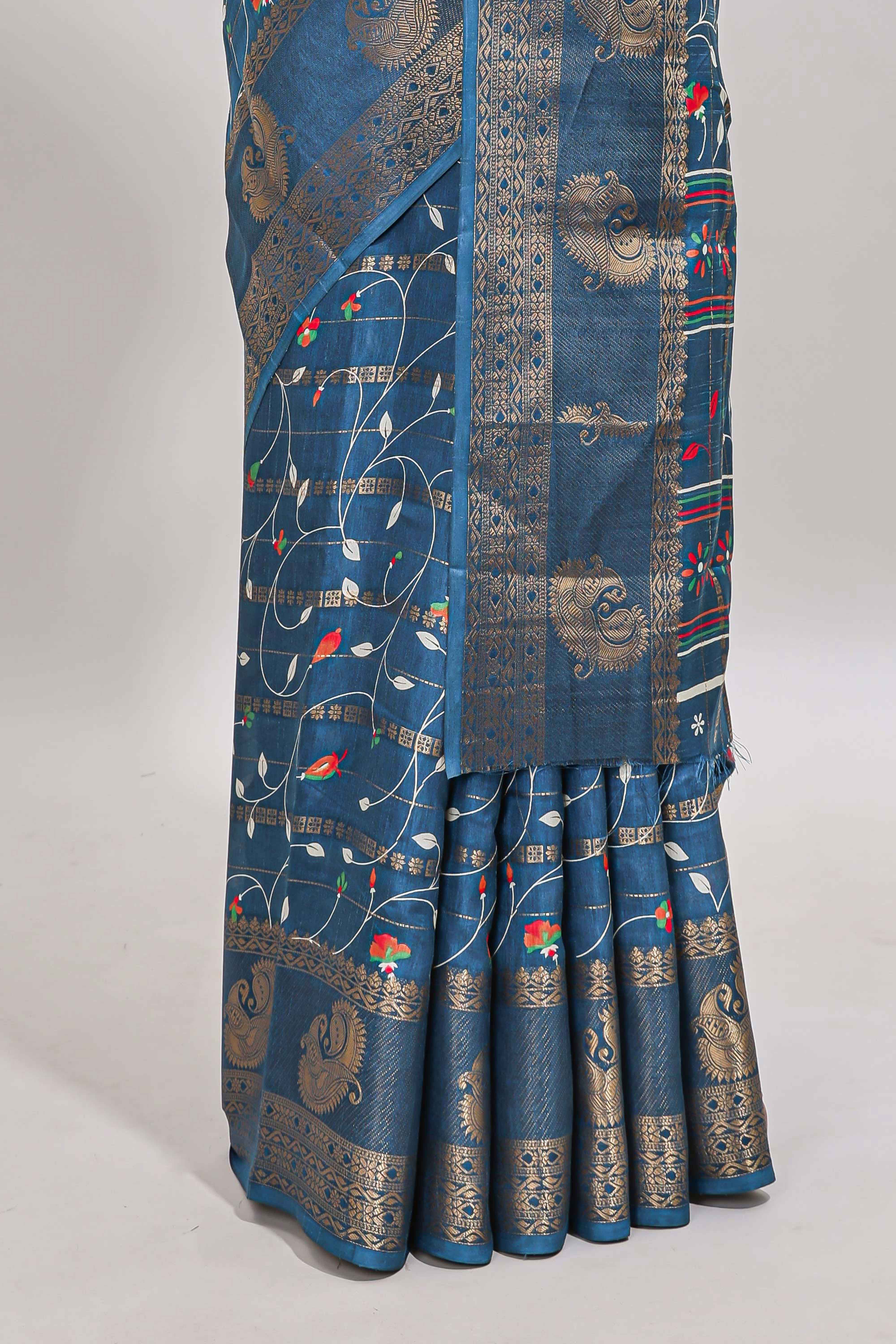 Midnight blue zari striped floral vine design dola silk saree with self border and matching blouse