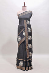 Black checked elephant motifs dola silk saree with self zari border and striped pallu