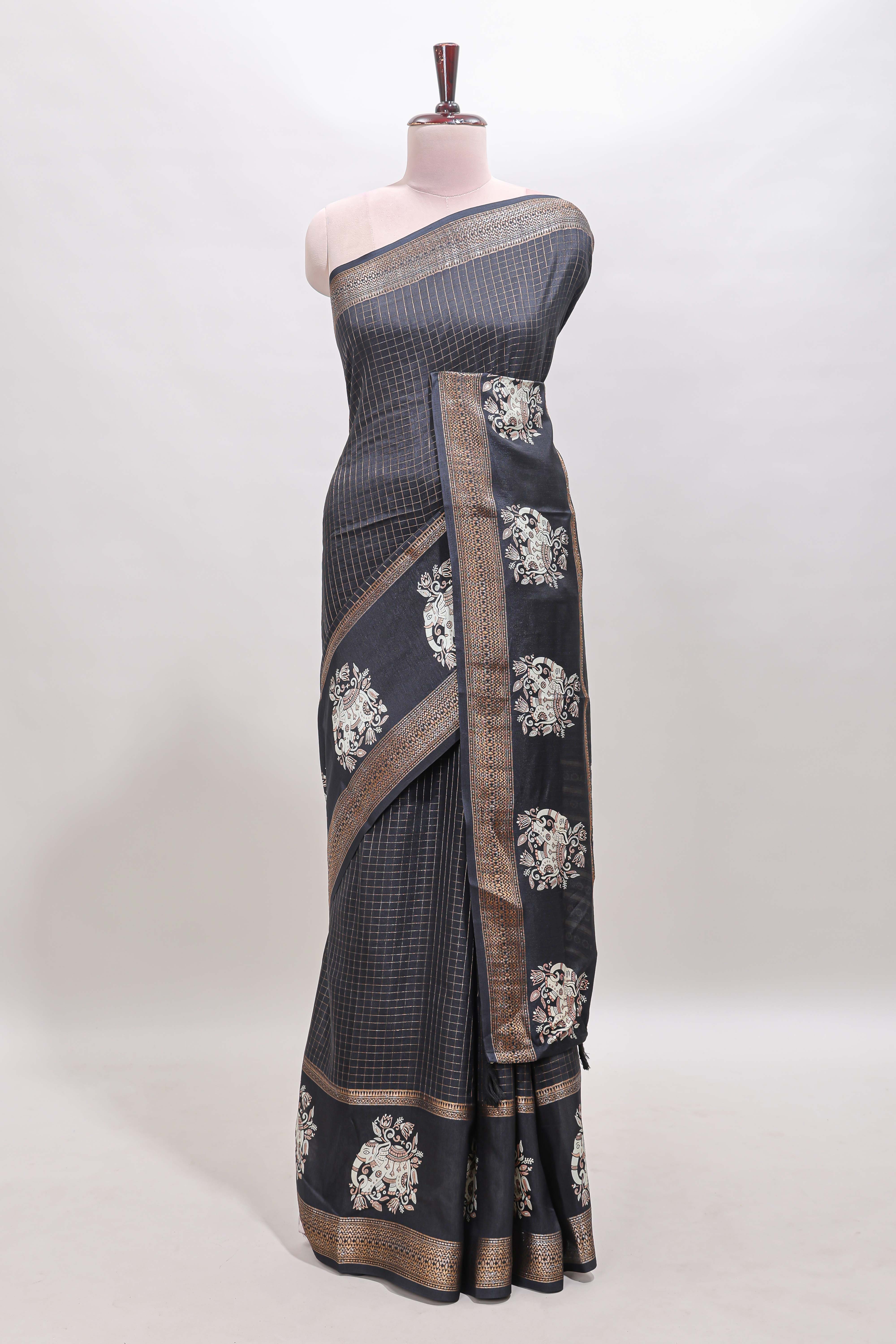 Black checked elephant motifs dola silk saree with self zari border and striped pallu