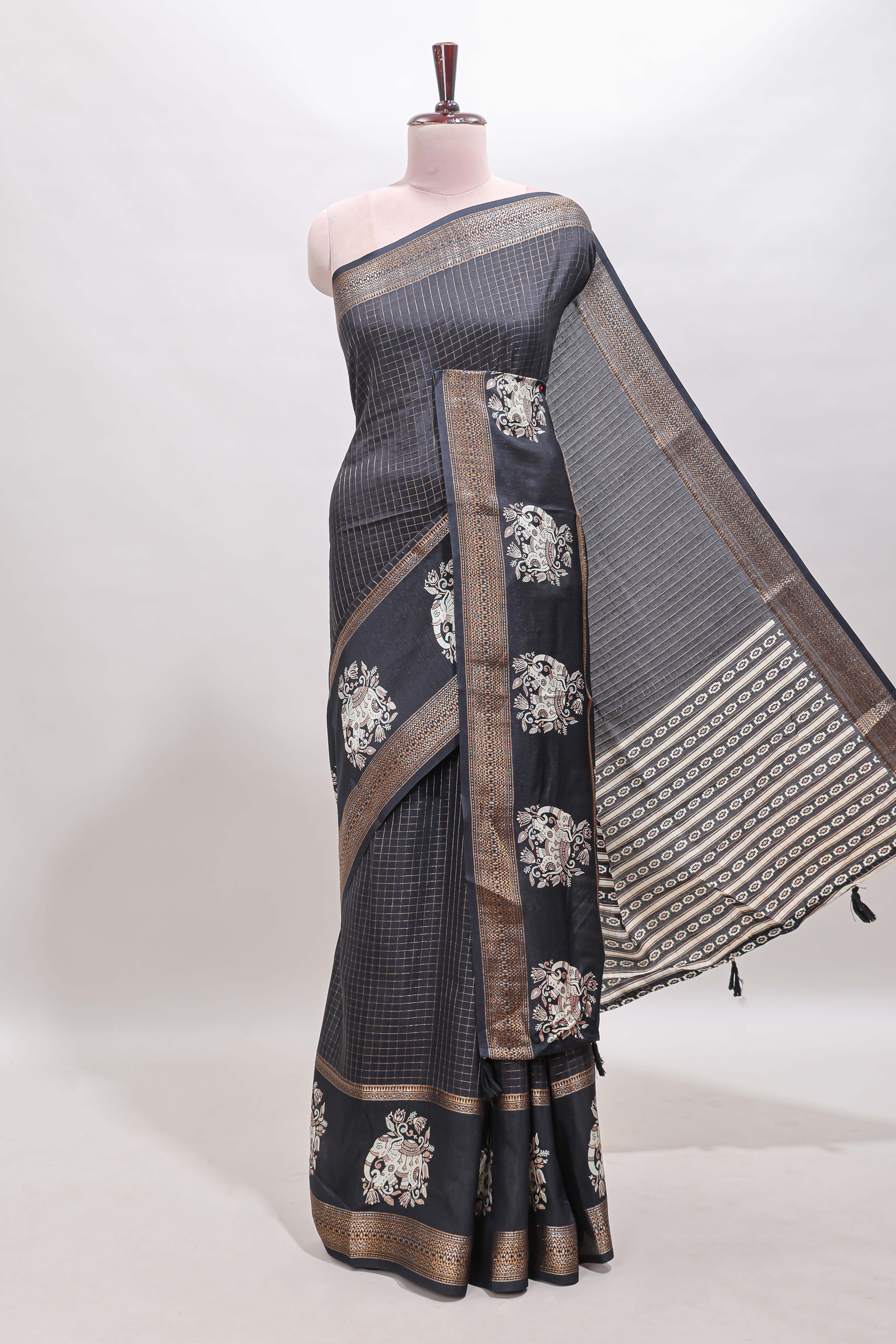 Black checked elephant motifs dola silk saree with self zari border and striped pallu