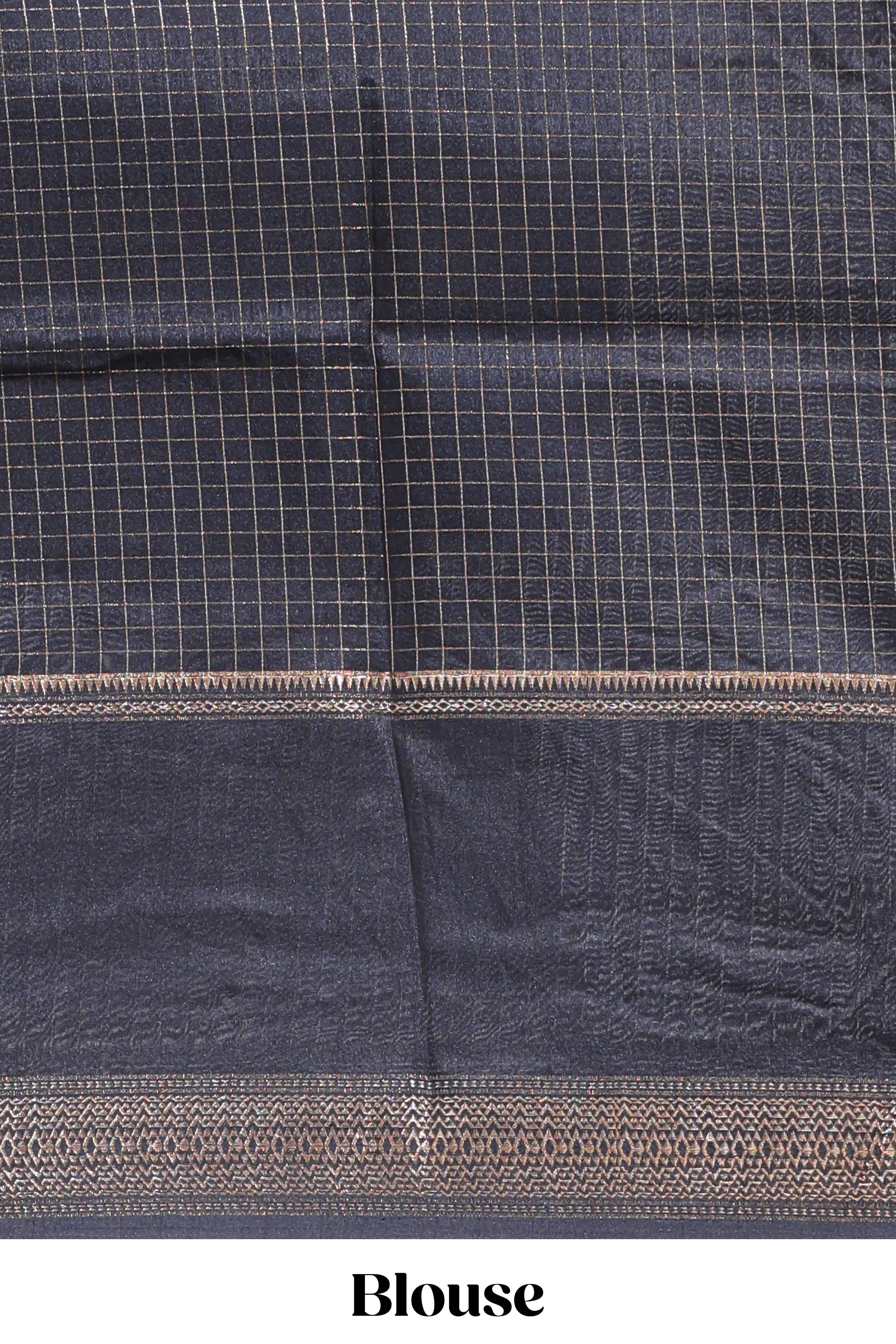 Black checked elephant motifs dola silk saree with self zari border and striped pallu