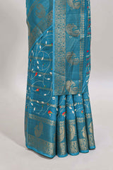Midnight green zari striped floral vine design dola silk saree with self border and matching blouse