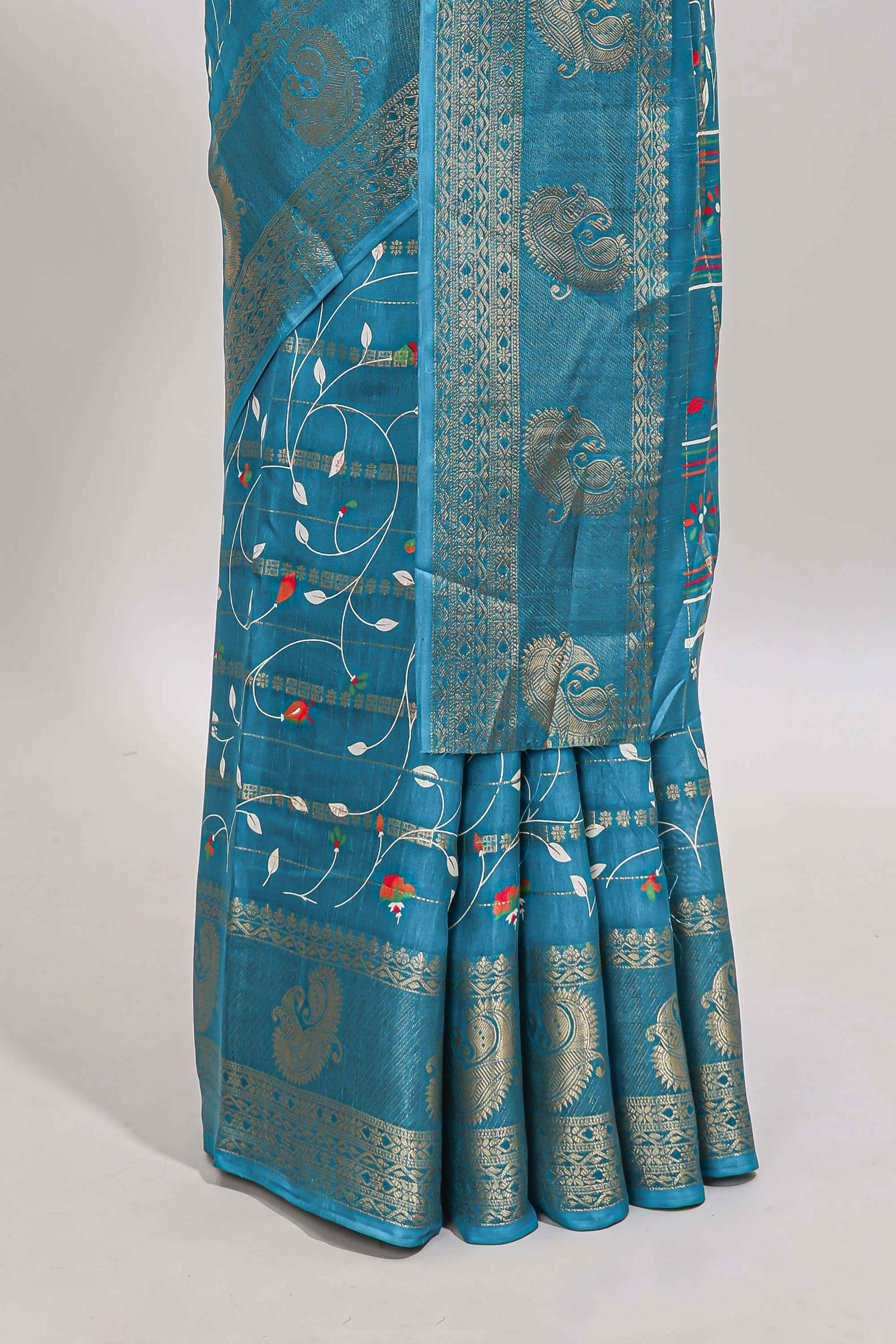 Midnight green zari striped floral vine design dola silk saree with self border and matching blouse