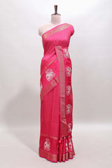 Pink checked elephant motifs dola silk saree with self zari border and striped pallu