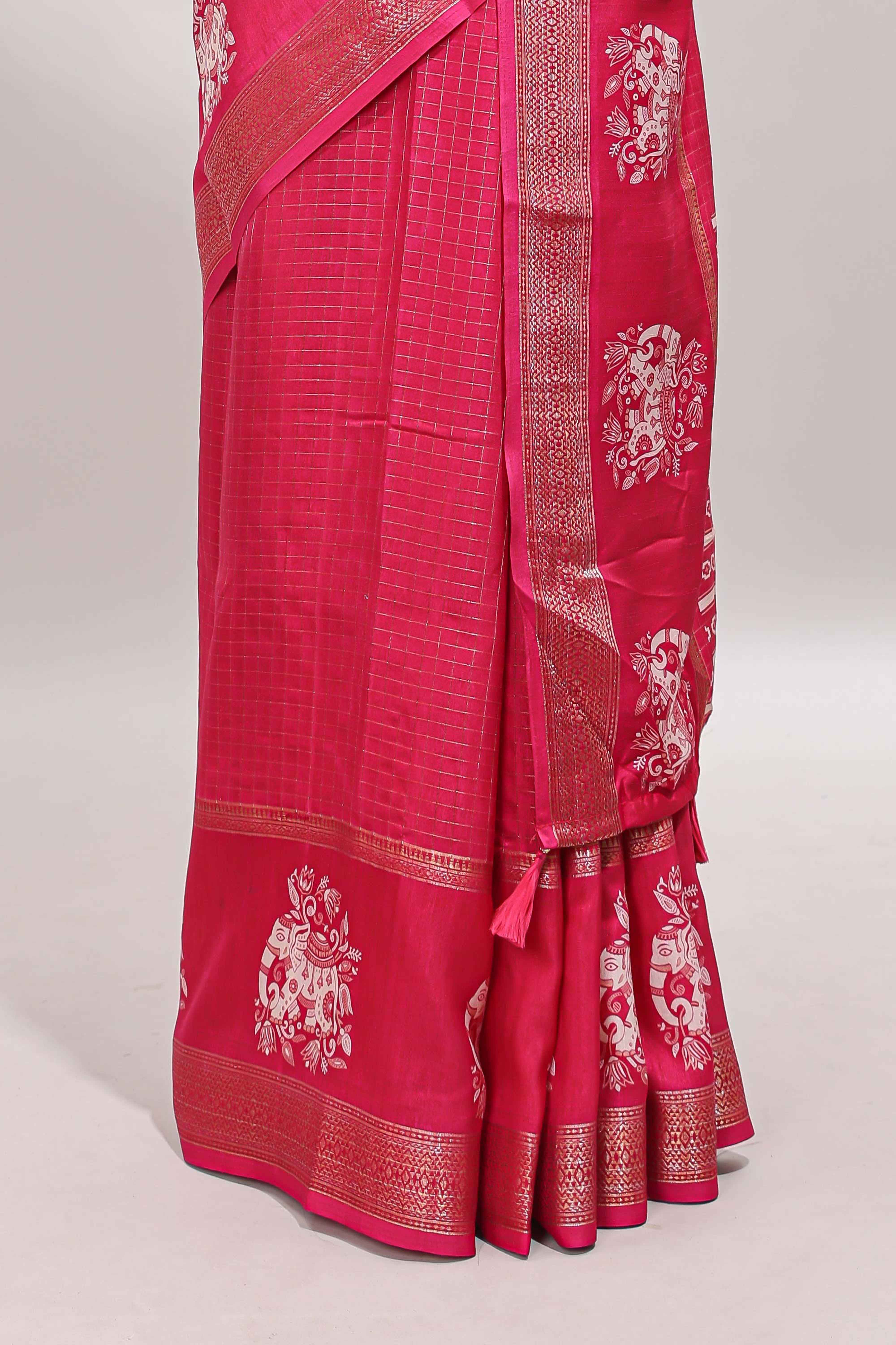 Pink checked elephant motifs dola silk saree with self zari border and striped pallu