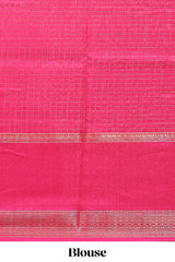 Pink checked elephant motifs dola silk saree with self zari border and striped pallu