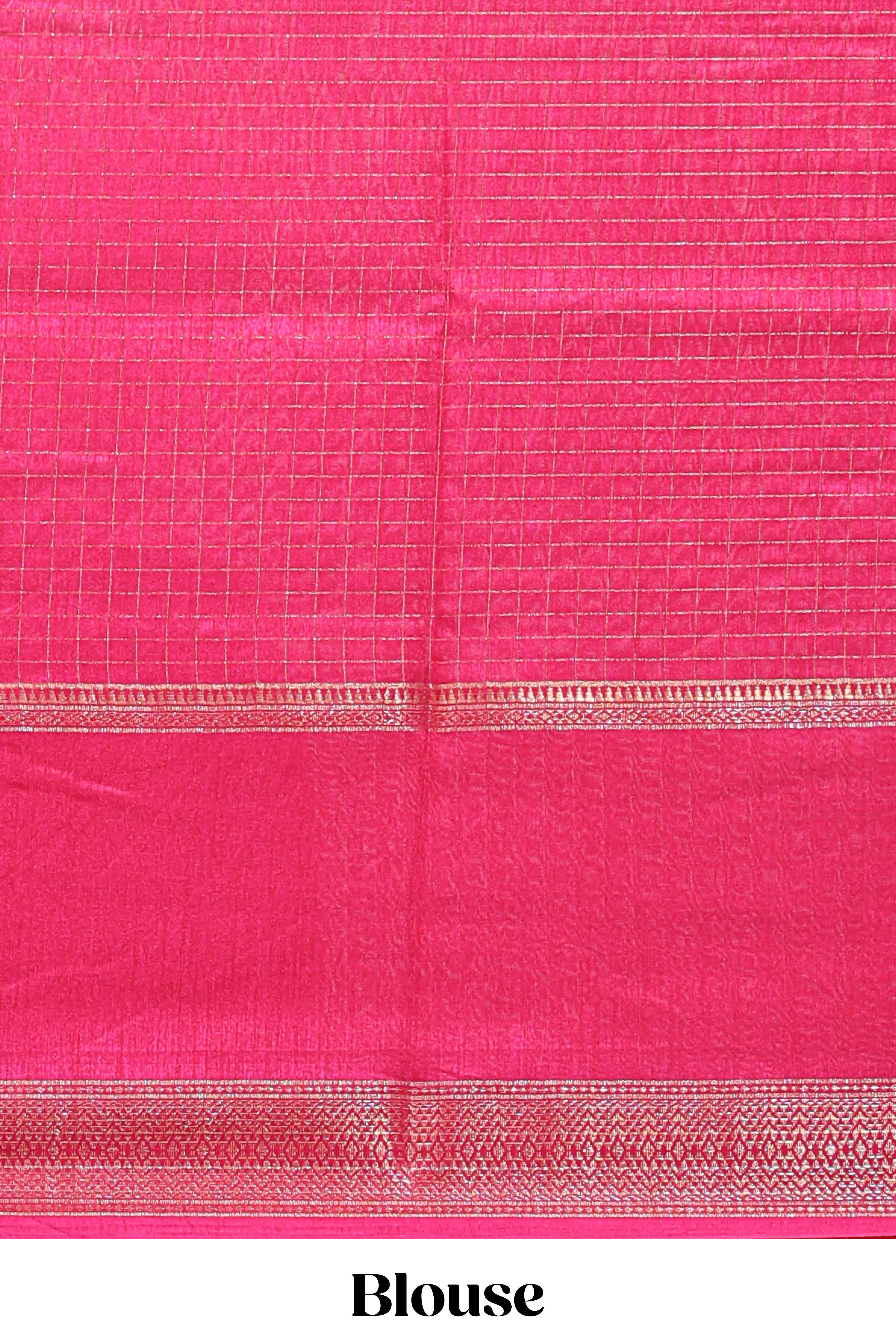 Pink checked elephant motifs dola silk saree with self zari border and striped pallu