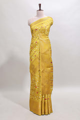 Lime yellow zari striped floral vine design dola silk saree with self border and matching blouse